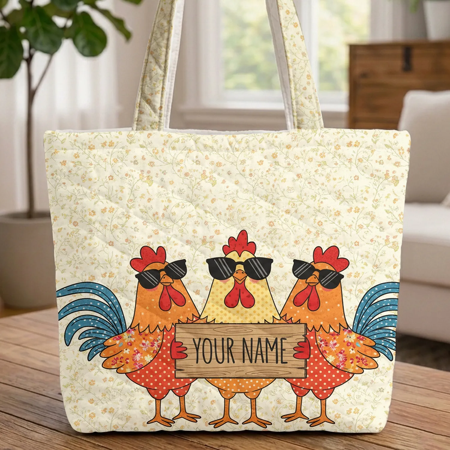 Cartoon Rooster Sunglasses Wildflower Vines - Everyday Carry Gift for Chicken Lover Quilted Tote Bag - 1