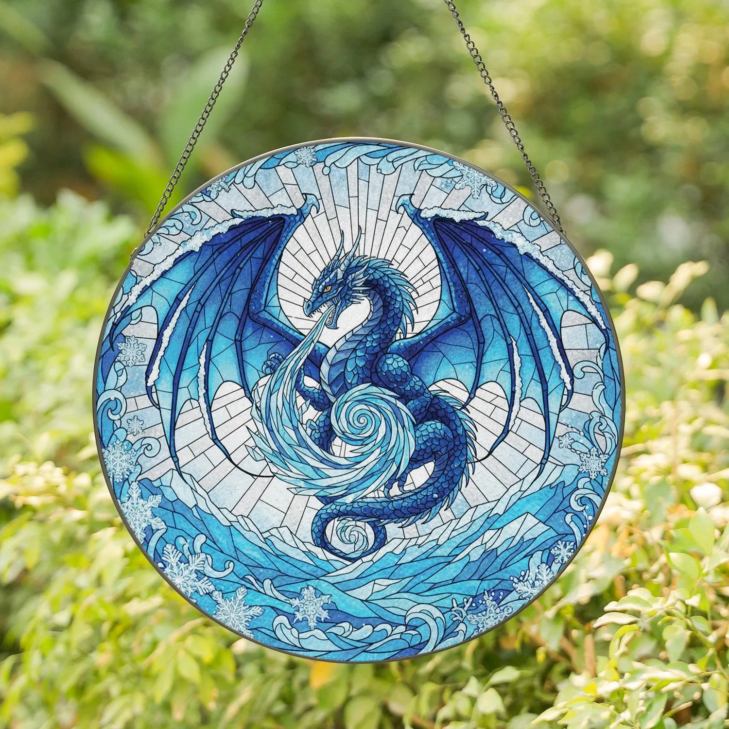 Ice Dragon Sunburst Frosty Landscape Snowflakes - Window Decor Gift for Dragon Lover Stained Glass Suncatcher - 1