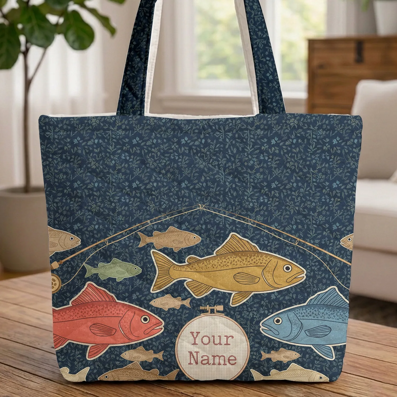 Fishing Rod Fish Name Hoop Aquatic Floral - Great Everyday Carry Gift for Avid Angler Quilted Tote Bag - 1