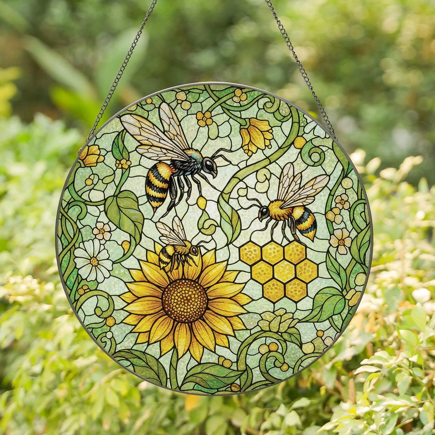 Flying Bee Sunflower Honeycomb Wildflowers - Home Decor Gift for Wildlife Lovers Stained Glass Suncatcher - 1