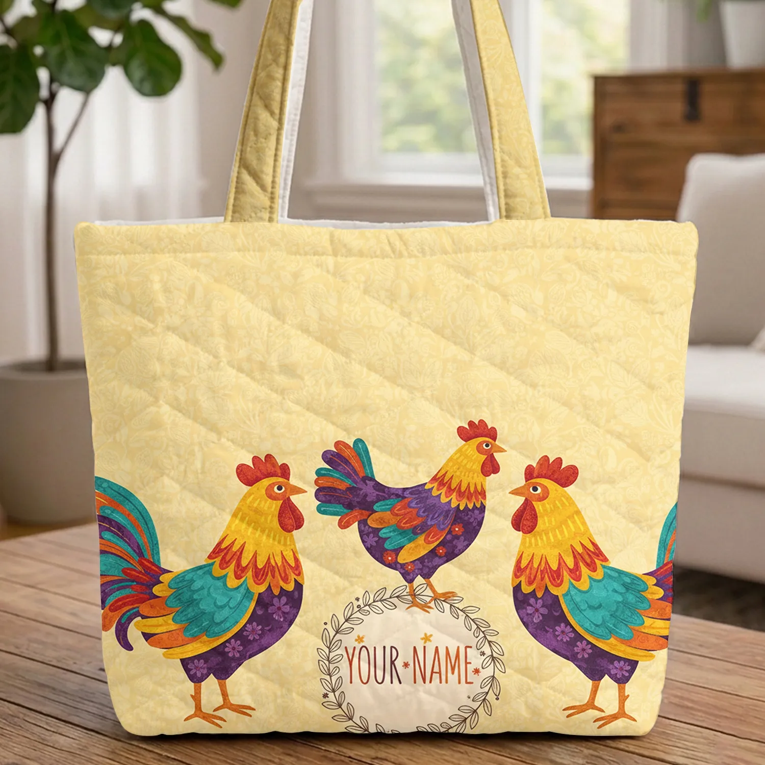 Personalized Rooster Hen Folk Art - Everyday Carry Gift for Chicken Lovers Quilted Tote Bag - 1