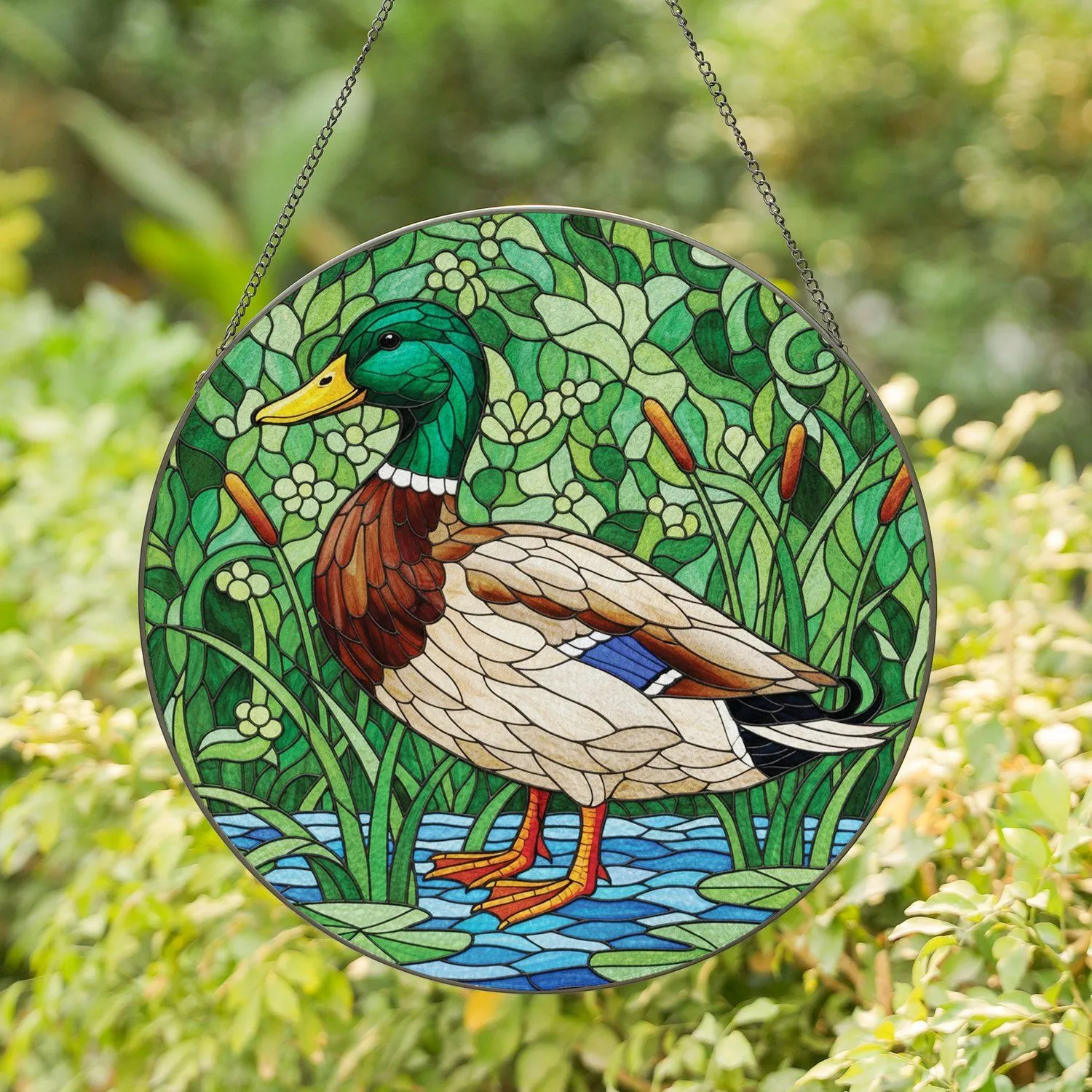 Mallard Duck Pond Stained Glass Scene - Wildlife Lover Home Decor Gift for Bird Watchers Stained Glass Suncatcher - 1