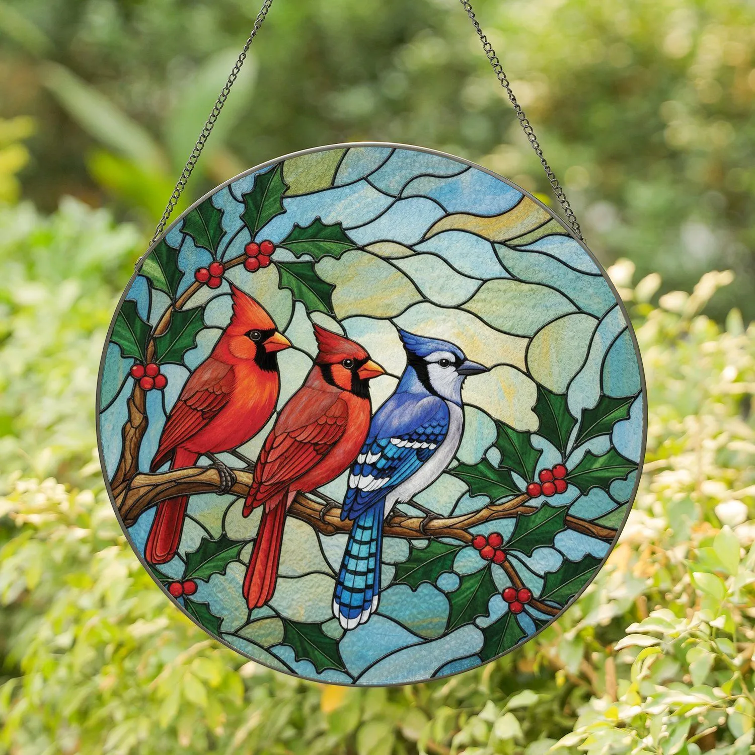 Red Cardinal Blue Jay Holly Berry Birds Wildlife Home Decor Gift Stained Glass Suncatcher - 1