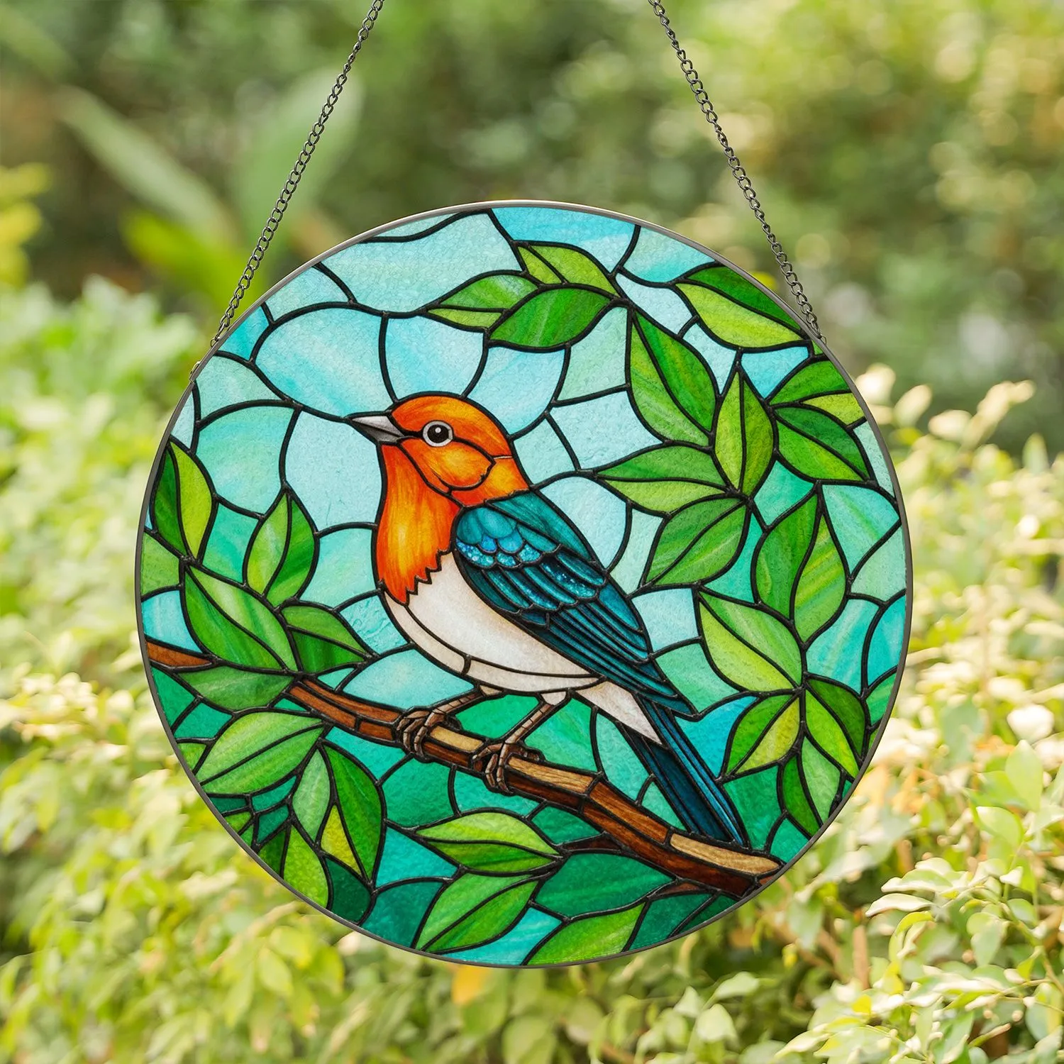 Colorful Perched Bird Branch Mosaic Glass - Home Decor Gift for Wildlife Lover Stained Glass Suncatcher - 1