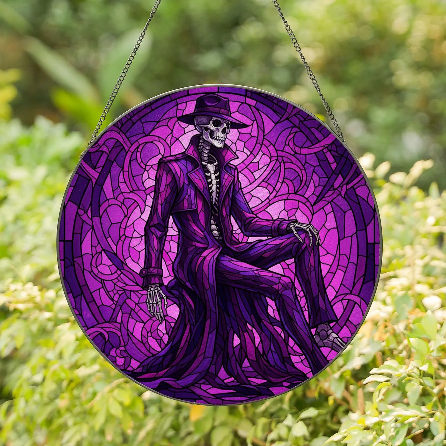 Dapper Skeleton Fedora Trench Coat Stained Glass - Gothic Home Decor Gift Stained Glass Suncatcher - 1