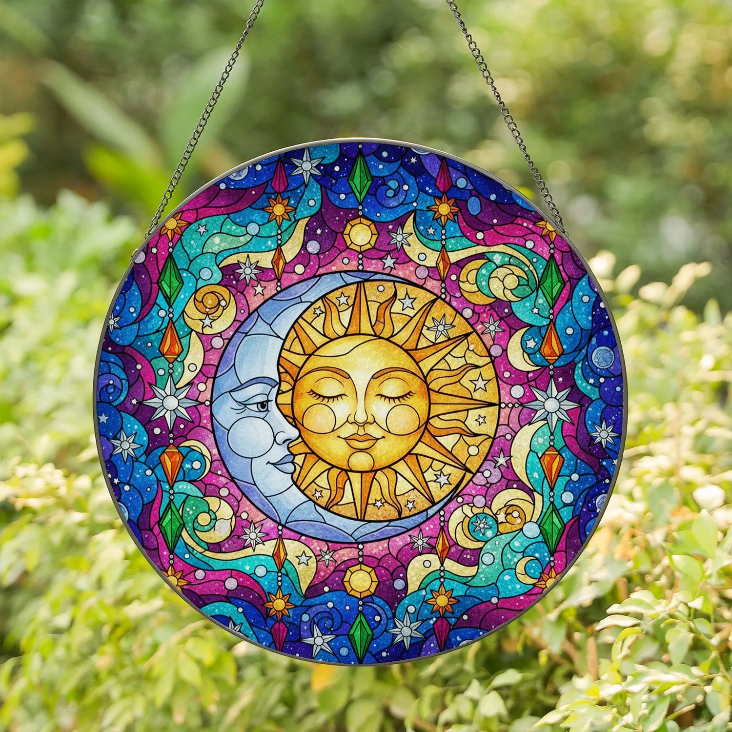 Sleeping Sun Crescent Moon Stars Faceted Geometric Chains - Home Decor Gift Stained Glass Suncatcher - 1