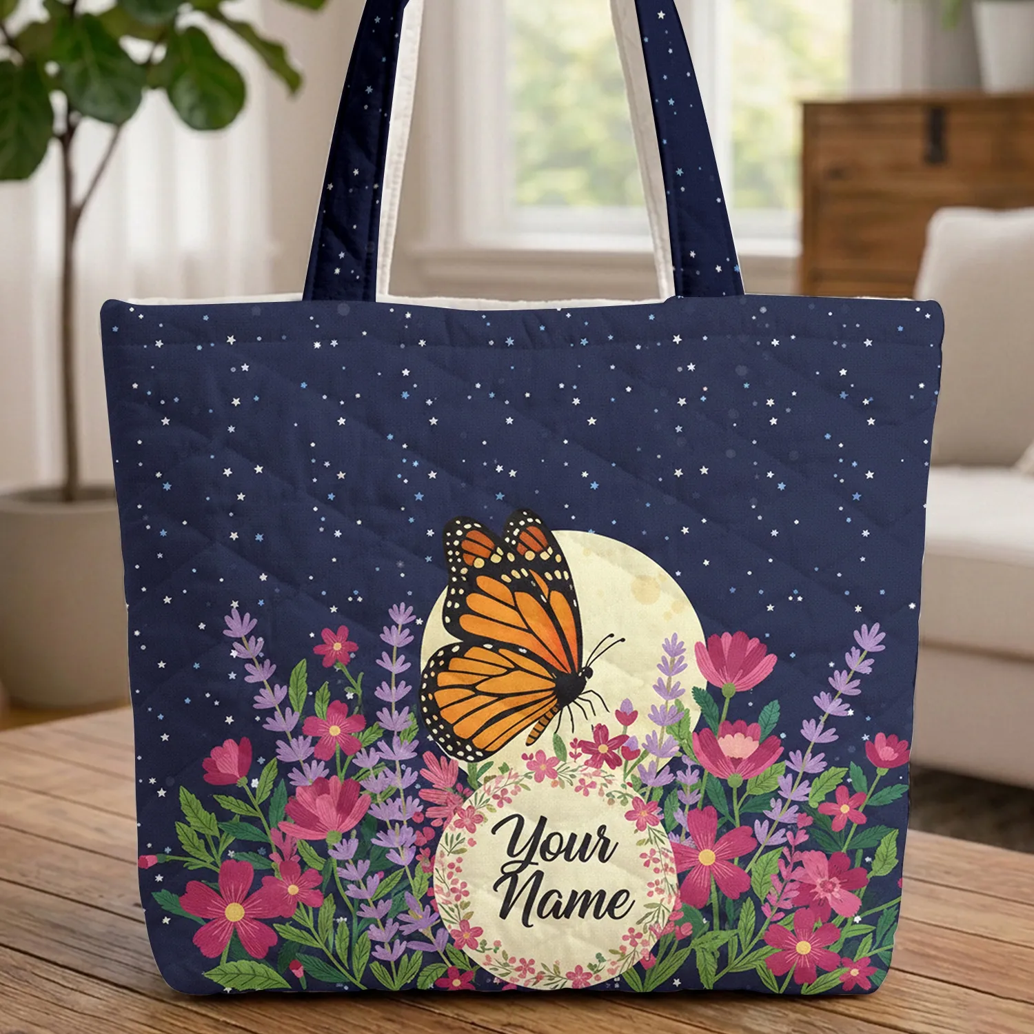 Monarch Butterfly Wildflowers Full Moon Starry Sky Personalized - Everyday Carry Gift Quilted Tote Bag - 1