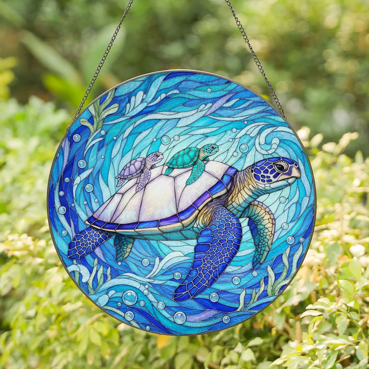 Majestic Sea Turtle Baby Turtles Ocean Waves Bubbles - Marine Life Home Decor Gift Stained Glass Suncatcher - 1