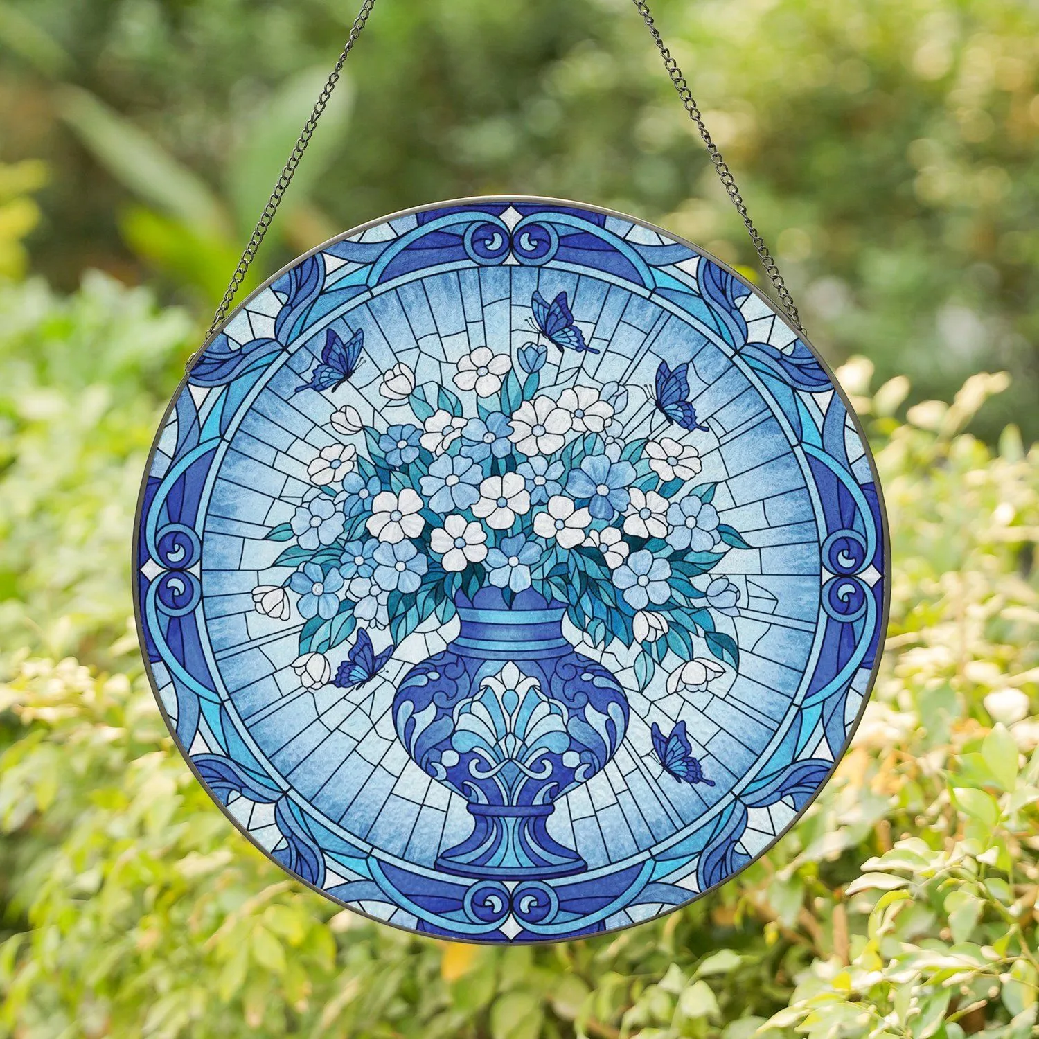 Blue Vase White Blue Flowers Dark Blue Butterflies Home Decor Gift Stained Glass Suncatcher - 1