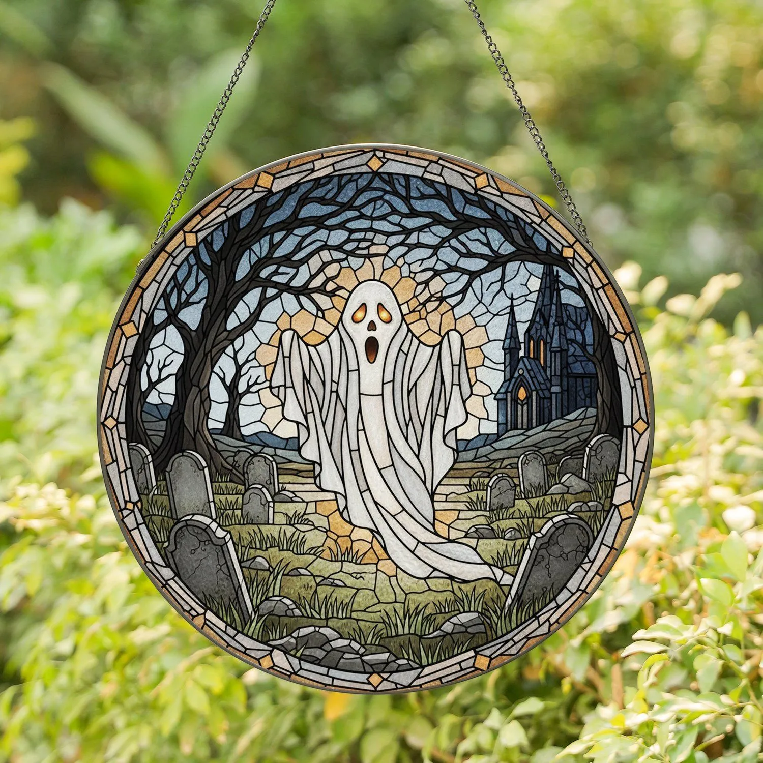 White Ghost Graveyard Scene Gnarled Trees - Spooky Halloween Home Decor Gift Stained Glass Suncatcher - 1