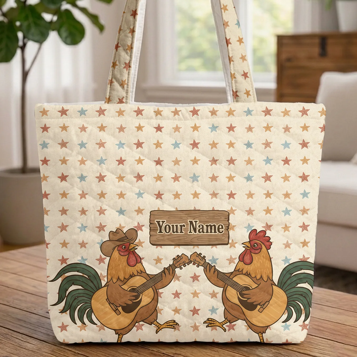 Folk Art Roosters Guitar Personalized Sign - Countryside Everyday Carry Gift Quilted Tote Bag - 1