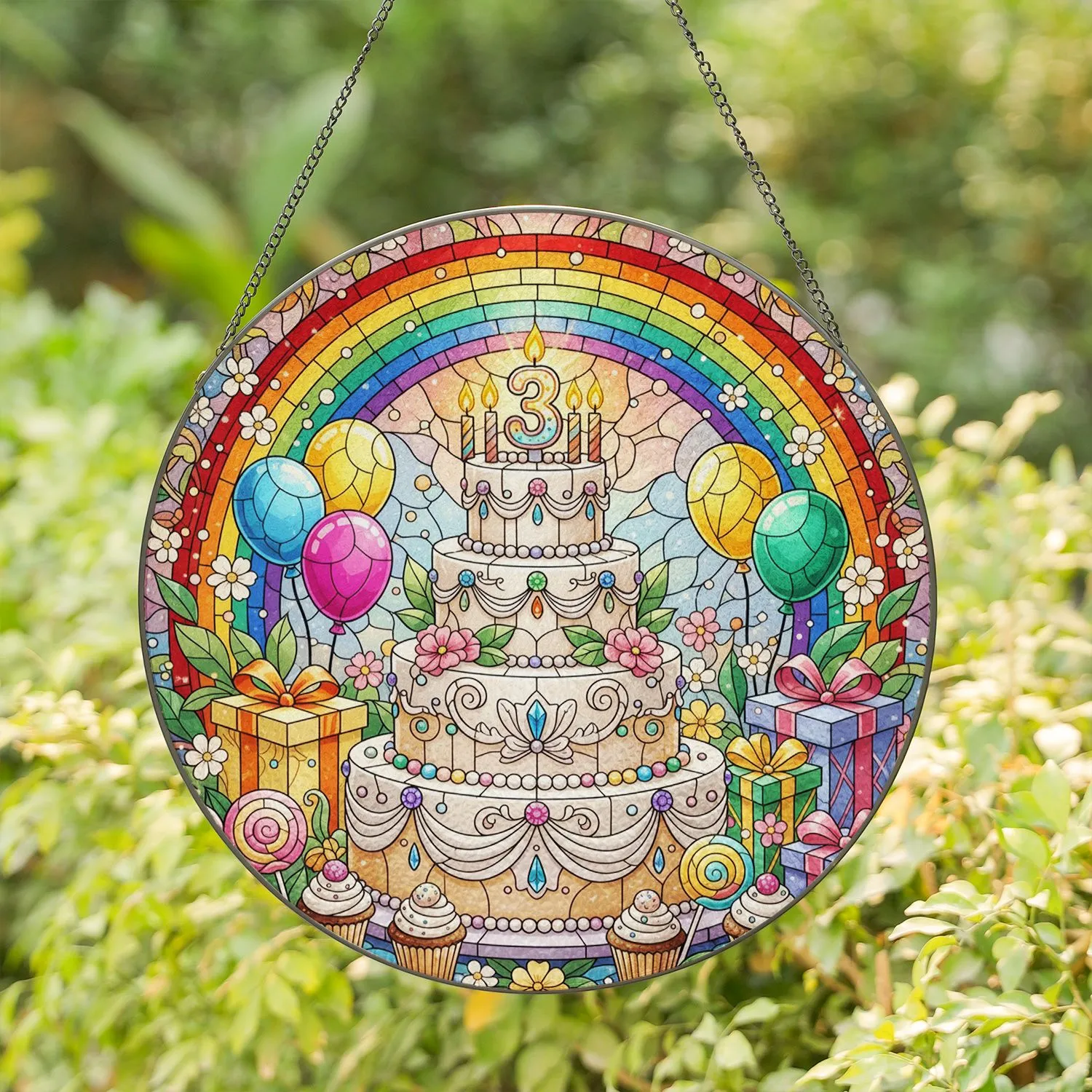 Multi-Tiered Birthday Cake Rainbow Confetti - Custom Year Birthday Celebration Gift Stained Glass Suncatcher - 1