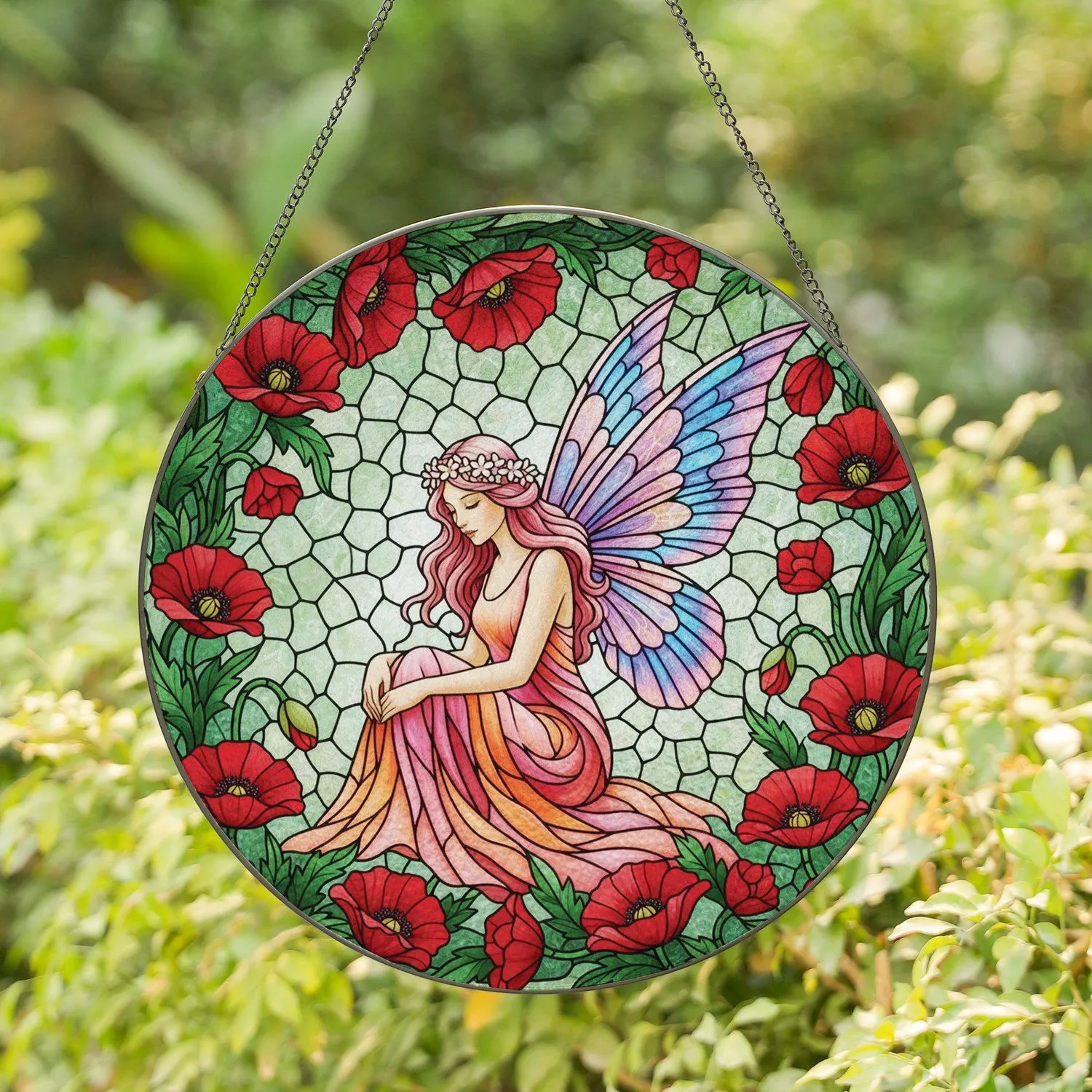 Tiffany Stained Glass Long-Haired Fairy Floral Crown Poppy Flowers Home Decor Gift Stained Glass Suncatcher - 1