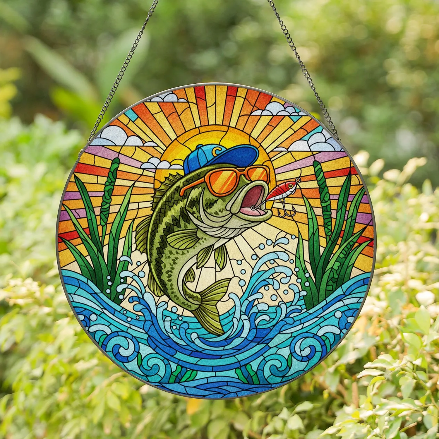 Leaping Bass Fish Sunglasses Cap Water Reeds - Fishing Lover Home Decor Gift Stained Glass Suncatcher - 1