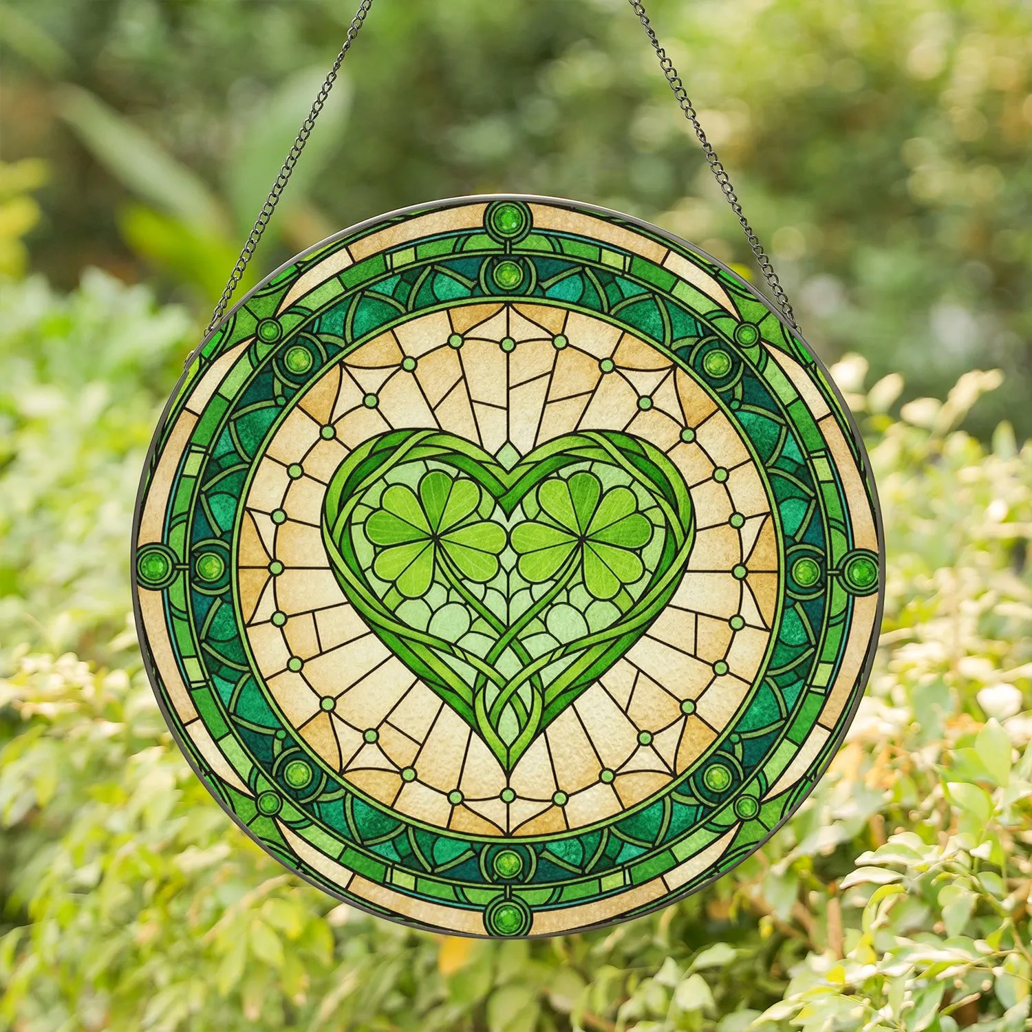 Celtic Knot Heart Three-Leaf Clover Stained Glass - Irish Home Decor Lucky Housewarming Gift Stained Glass Suncatcher - 1
