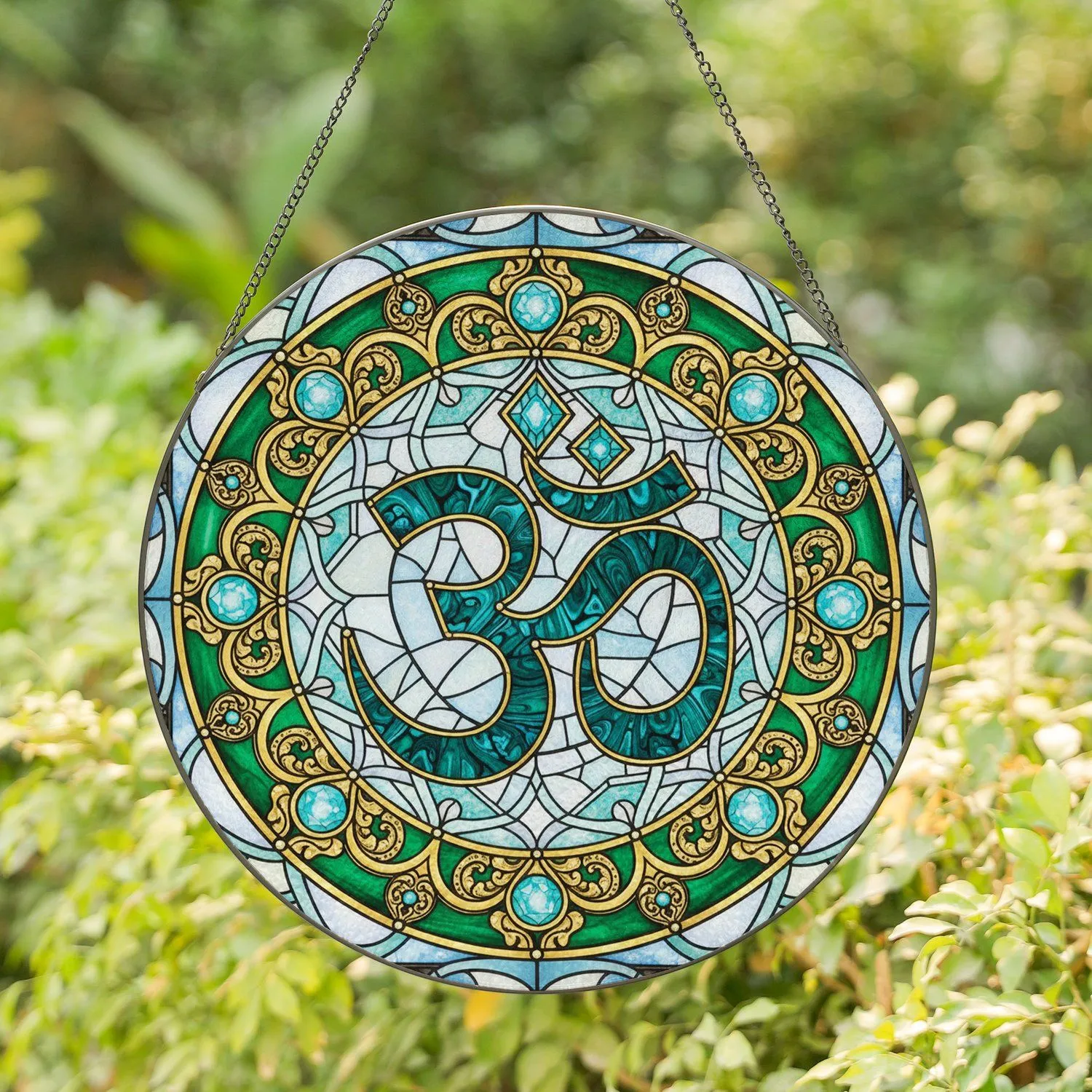 Ornate Om Aum Symbol Geometric Patterns Circular Border - Yoga Lifestyle Home Decor Gift Stained Glass Suncatcher - 1