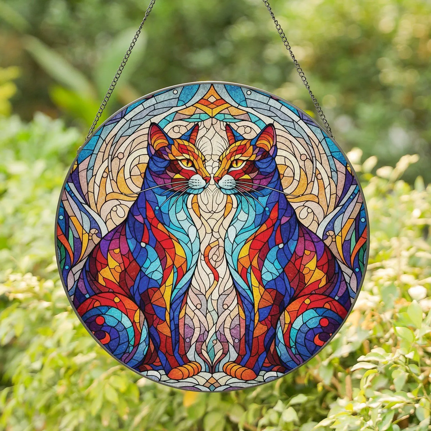 Full Frame Stained Glass Feline Pair Noses Touching - Everyday Home Decor Gift for Cat Lover Stained Glass Suncatcher - 1
