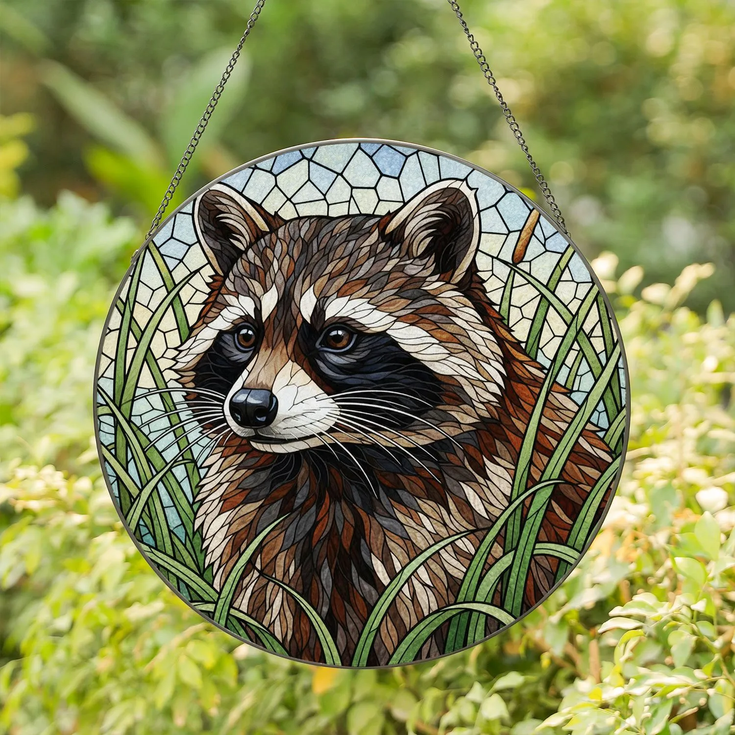 Raccoon Head Black Mask Whiskers Tall Grass Reeds - Wildlife Home Decor Window Gift Stained Glass Suncatcher - 1
