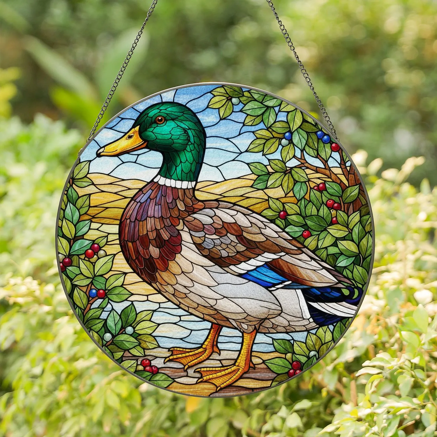 Mallard Duck Tiffany Glass Landscape Serene Hills Home Decor Gift for Wildlife Lovers Stained Glass Suncatcher - 1