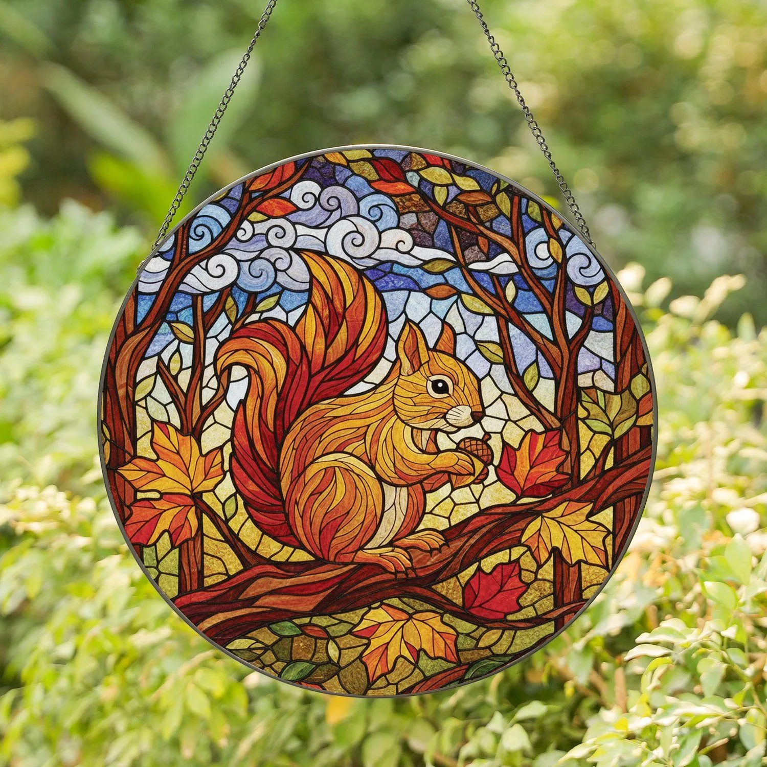 Squirrel Acorn Tree Branch Autumn Leaves Forest Sky - Wildlife Lover Home Decor Gift Stained Glass Suncatcher - 1