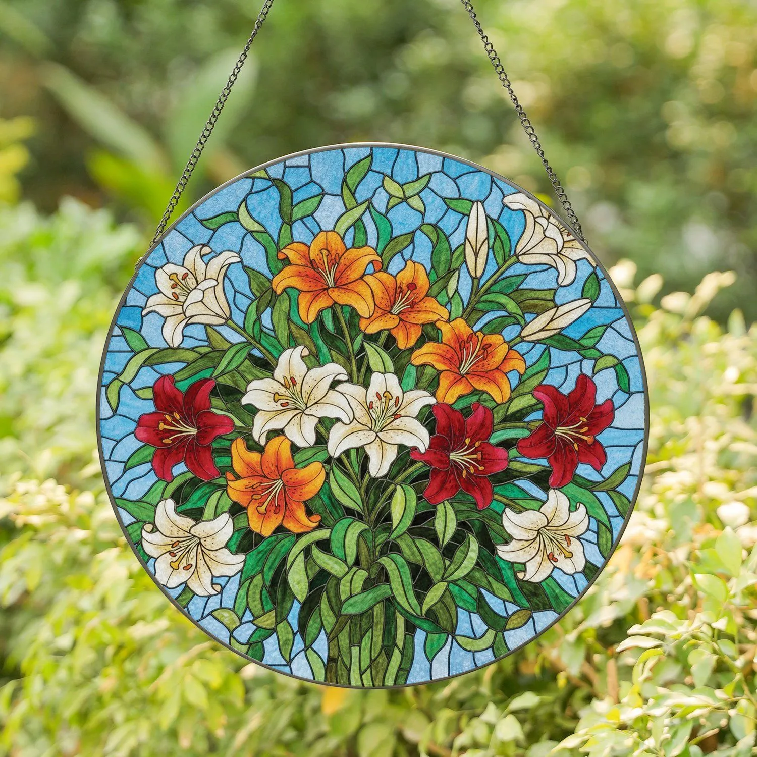 Translucent Lily Flowers Green Leaves Blue Sky - Home Decor Gift for Flower Lover Stained Glass Suncatcher - 1