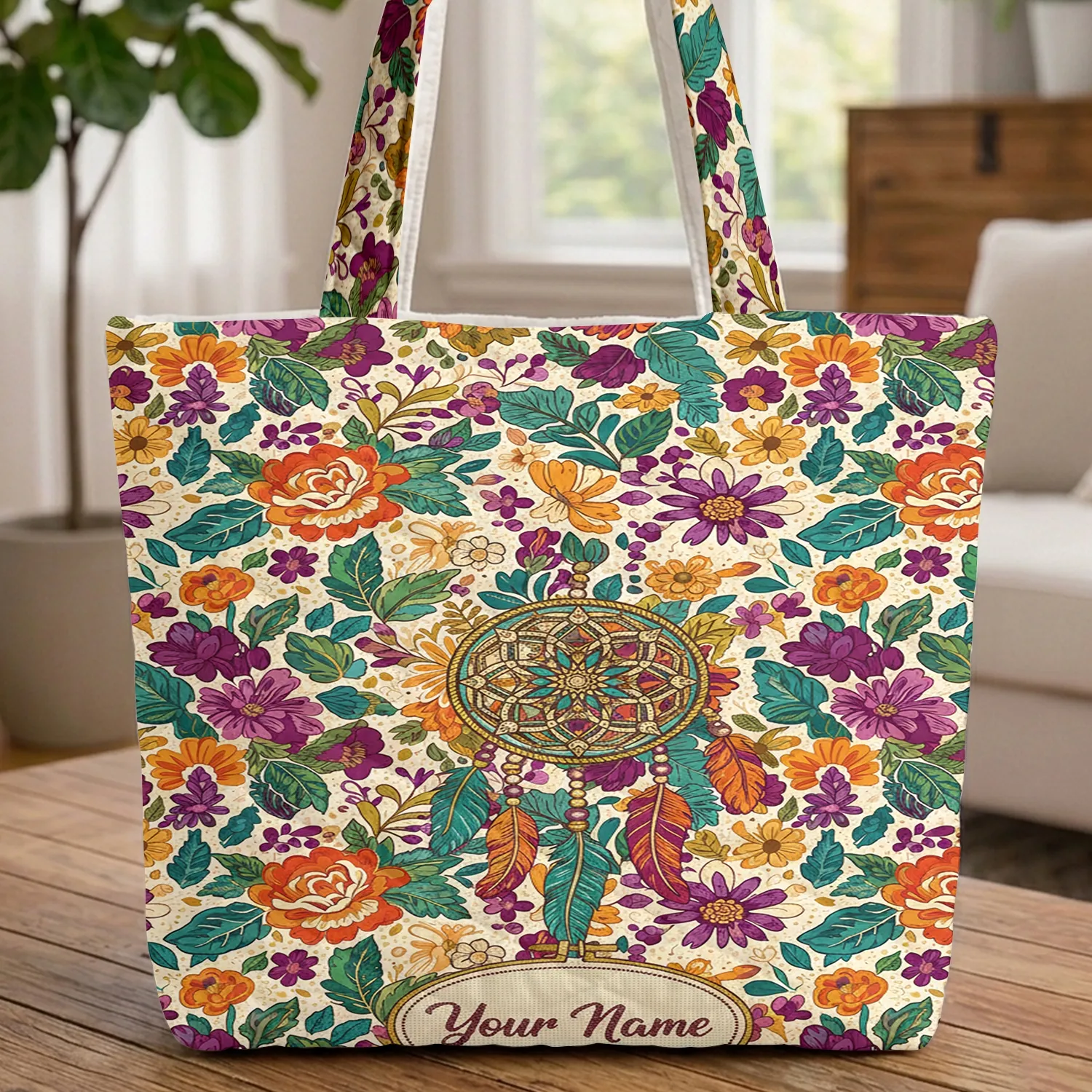 Dreamcatcher Colorful Feathers Multicolored Floral Embroidered Hoop - Everyday Carry Gift Quilted Tote Bag - 1