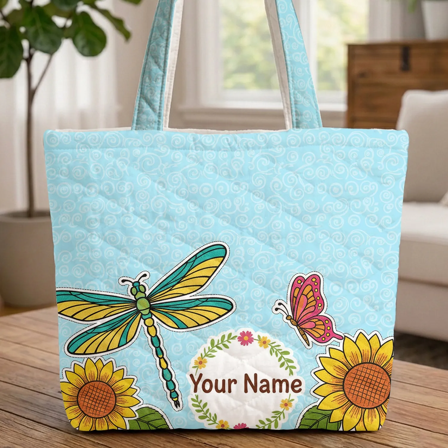 Applique Swirling Dragonfly Sunflower Butterfly Floral Wreath Everyday Carry Lifestyle Gift Quilted Tote Bag - 1