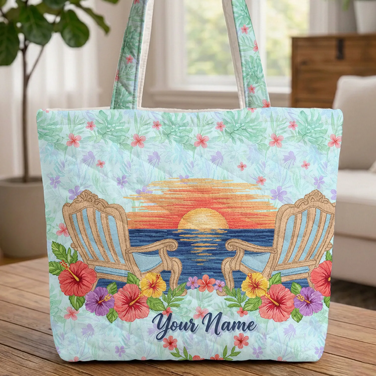 Personalized Tropical Beach Chairs Ocean Sunset - Travel Essentials Quilted Tote Bag - 1