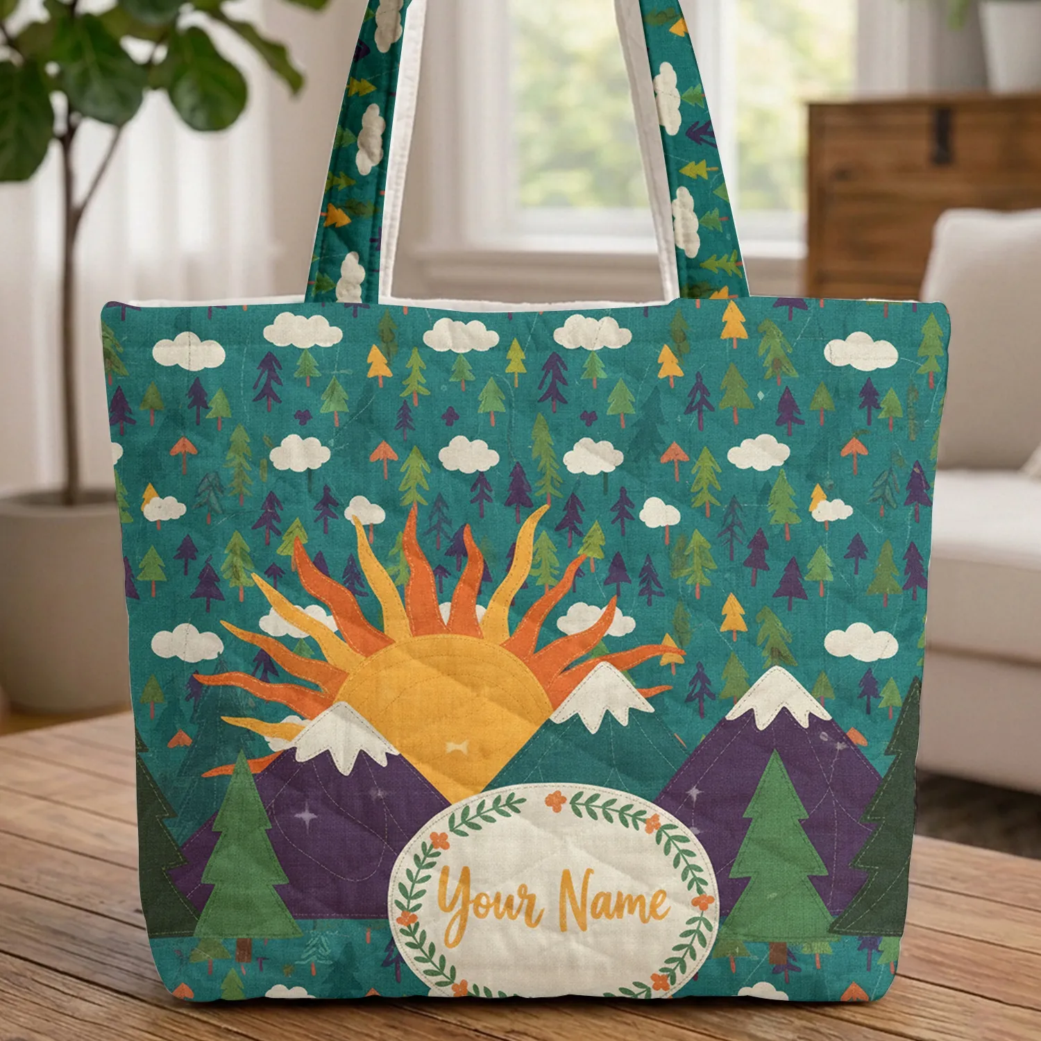 Mountain Sun Evergreen Clouds Floral Wreath - Personalized Everyday Carry Gift Quilted Tote Bag - 1