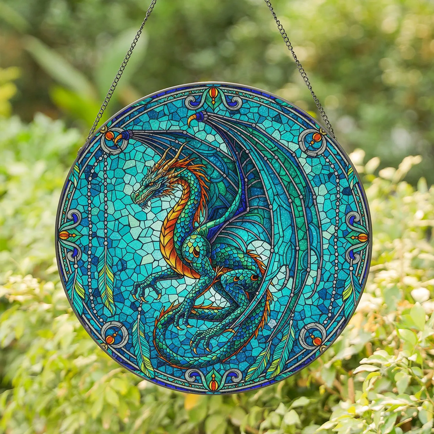 Majestic Dragon Spread Wings Elongated Feathers Swirling Mosaic - Home Decor Gift Dragon Lover Stained Glass Suncatcher - 1