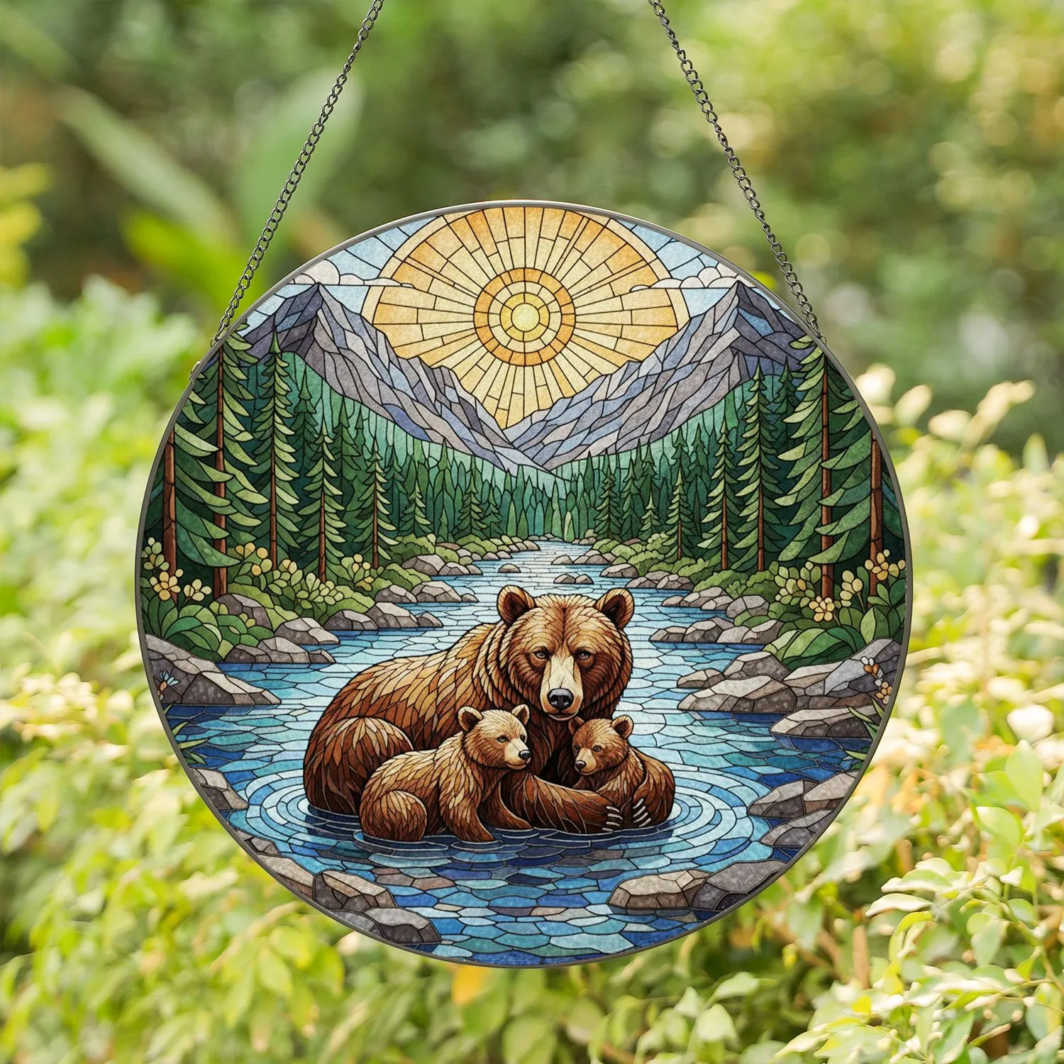 Brown Bear Family River Mountain Forest - Wildlife Lover Gift Stained Glass Suncatcher - 1