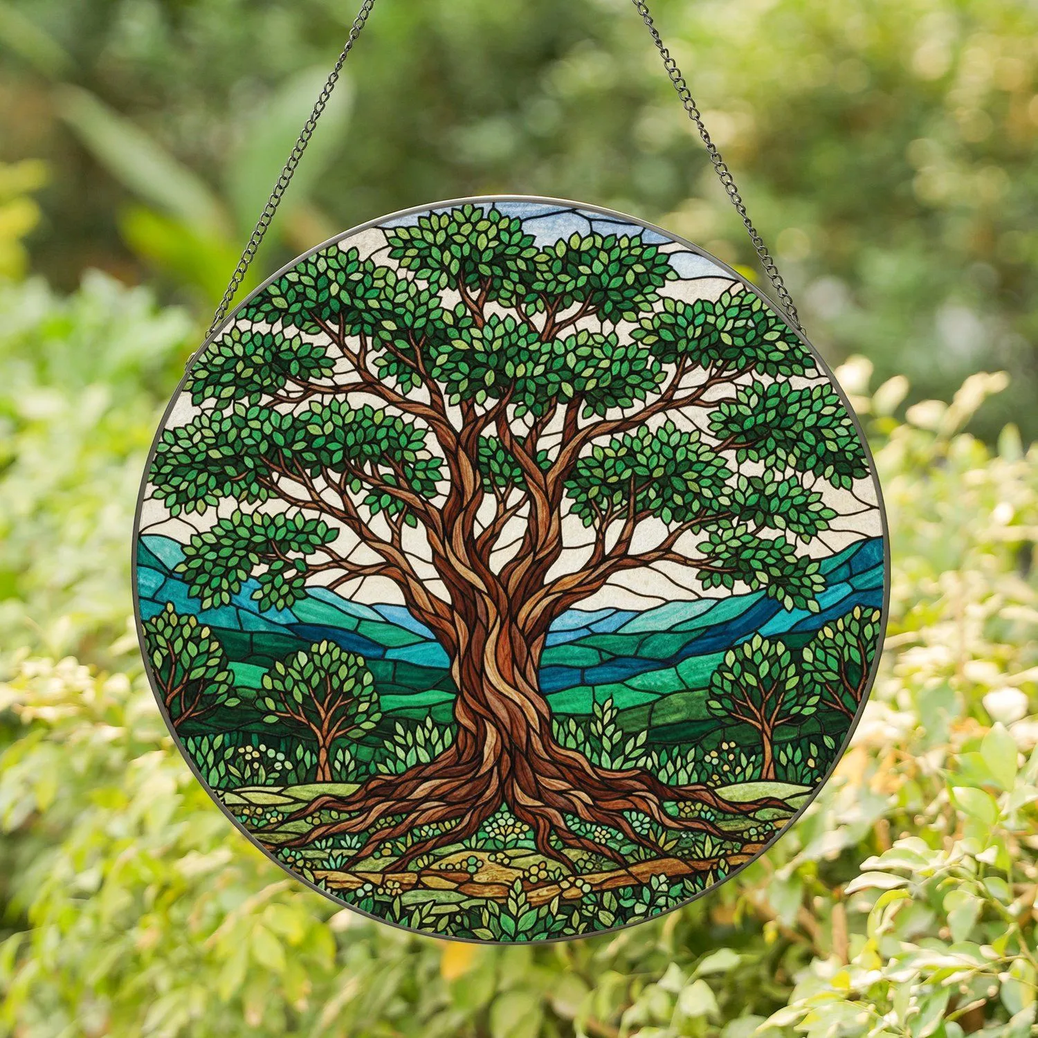 Majestic Gnarled Oak Tree Forest Rolling Hills Tiffany Stained Glass - Nature Lover Gift Stained Glass Suncatcher - 1