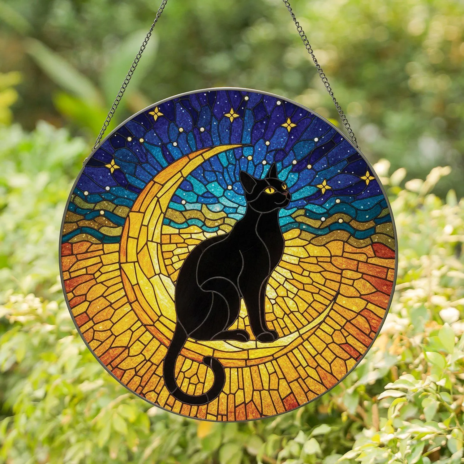 Black Cat Glowing Eyes Golden Moon Starry Sky - Home Decor Gift for Cat Lover Stained Glass Suncatcher - 1