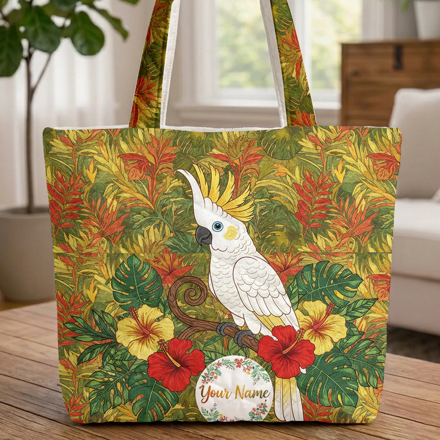 Personalized White Cockatoo Hibiscus Tropical Everyday Carry Gift for Bird Lover Quilted Tote Bag - 1