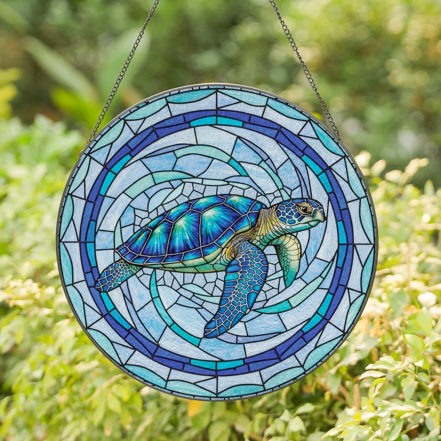 Majestic Sea Turtle Blue Teal Shell Swirling Water Mosaic Ocean Life Home Decor Gift for Marine Life Lover Stained Glass Suncatcher - 1