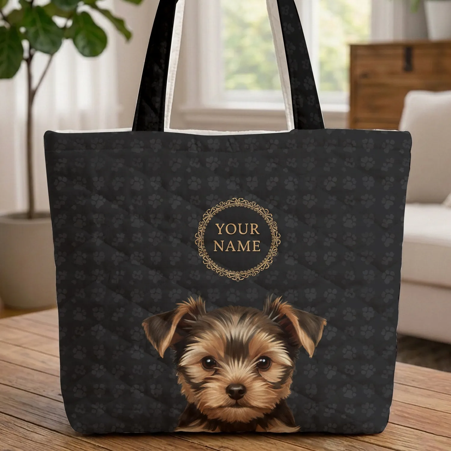 Yorkshire Terrier Puppy Paw Print Everyday Carry Gift for Dog Lover Quilted Tote Bag - 1
