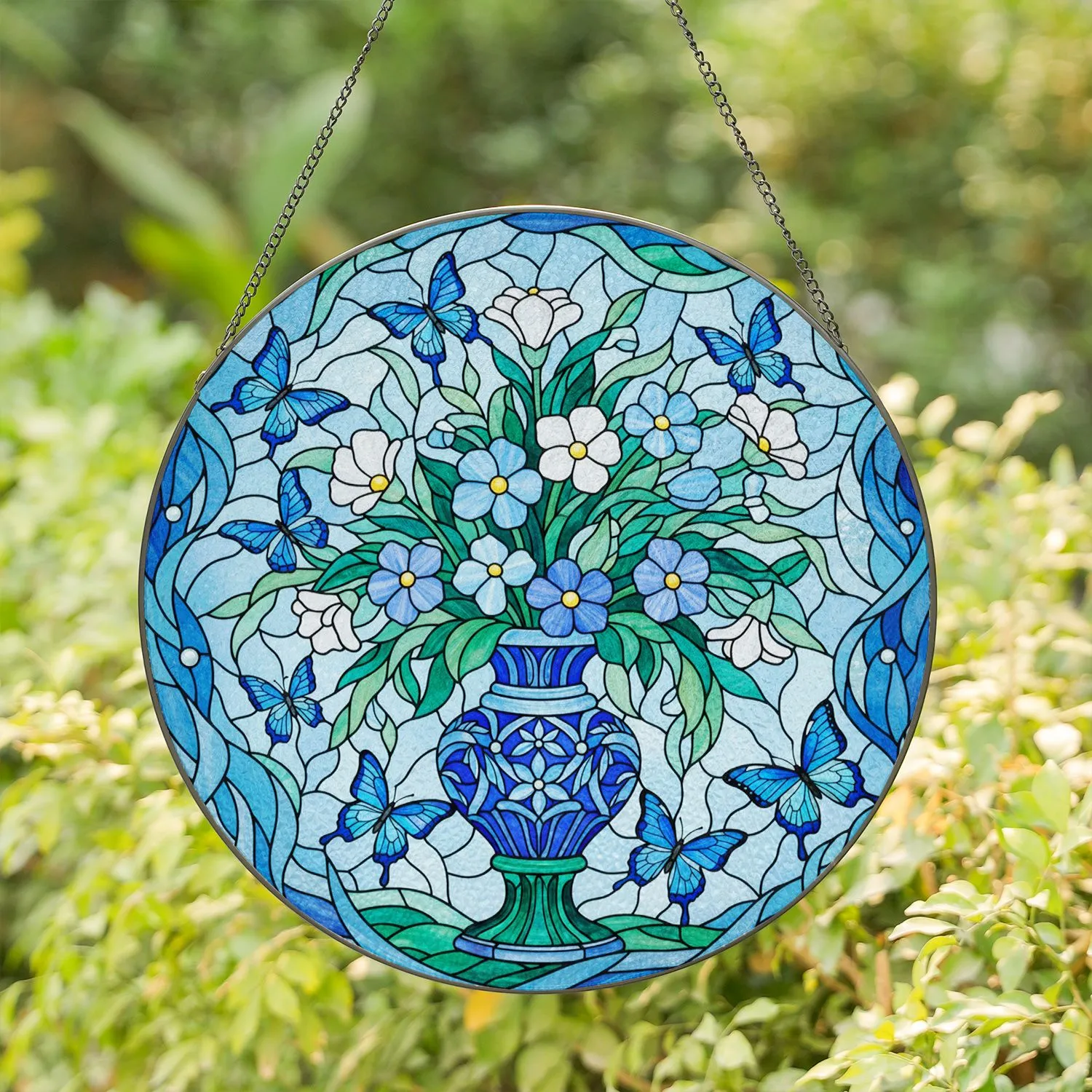 Ornate Stained Glass Blue Vase Flowers with Blue Butterflies - Home Decor Gift Stained Glass Suncatcher - 1