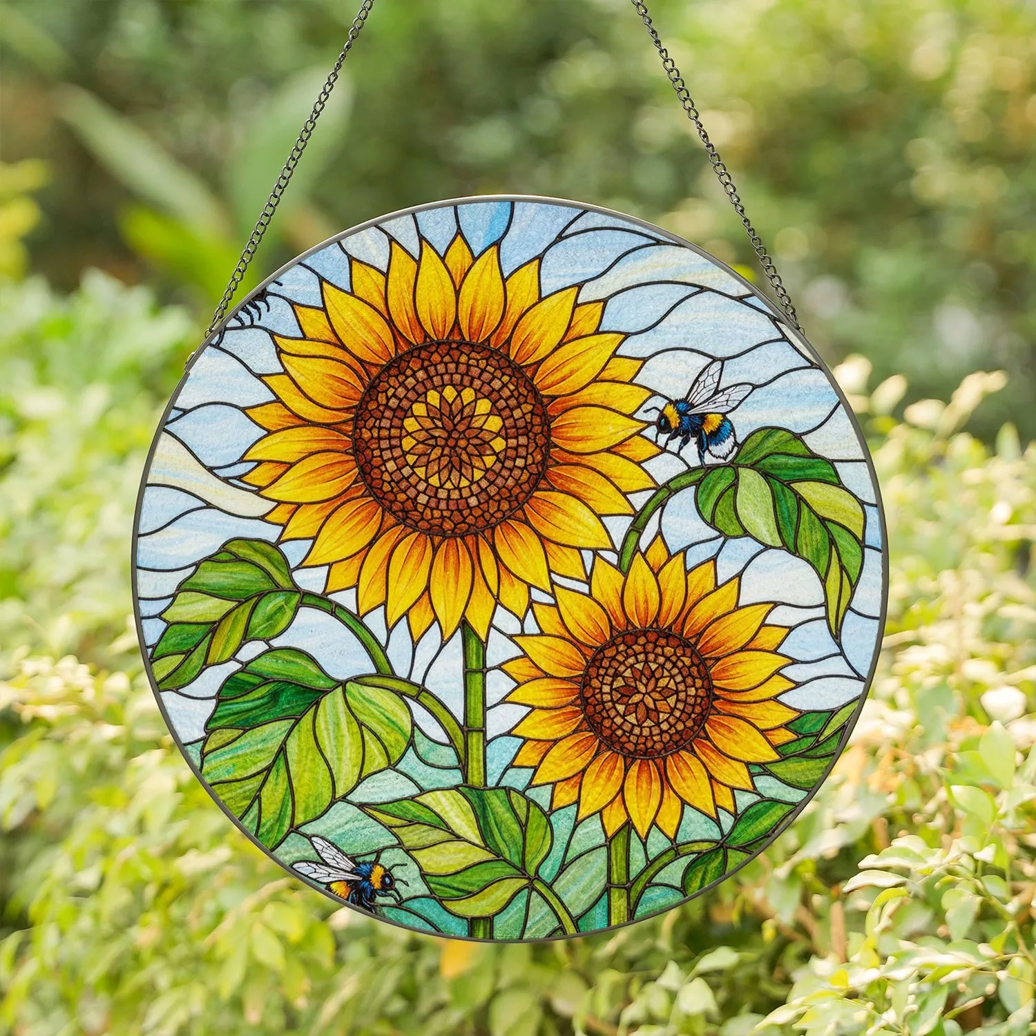 Sunflowers Bumblebees Green Leaves Sky - Garden Decor Gift for Flower Lovers Stained Glass Suncatcher - 1