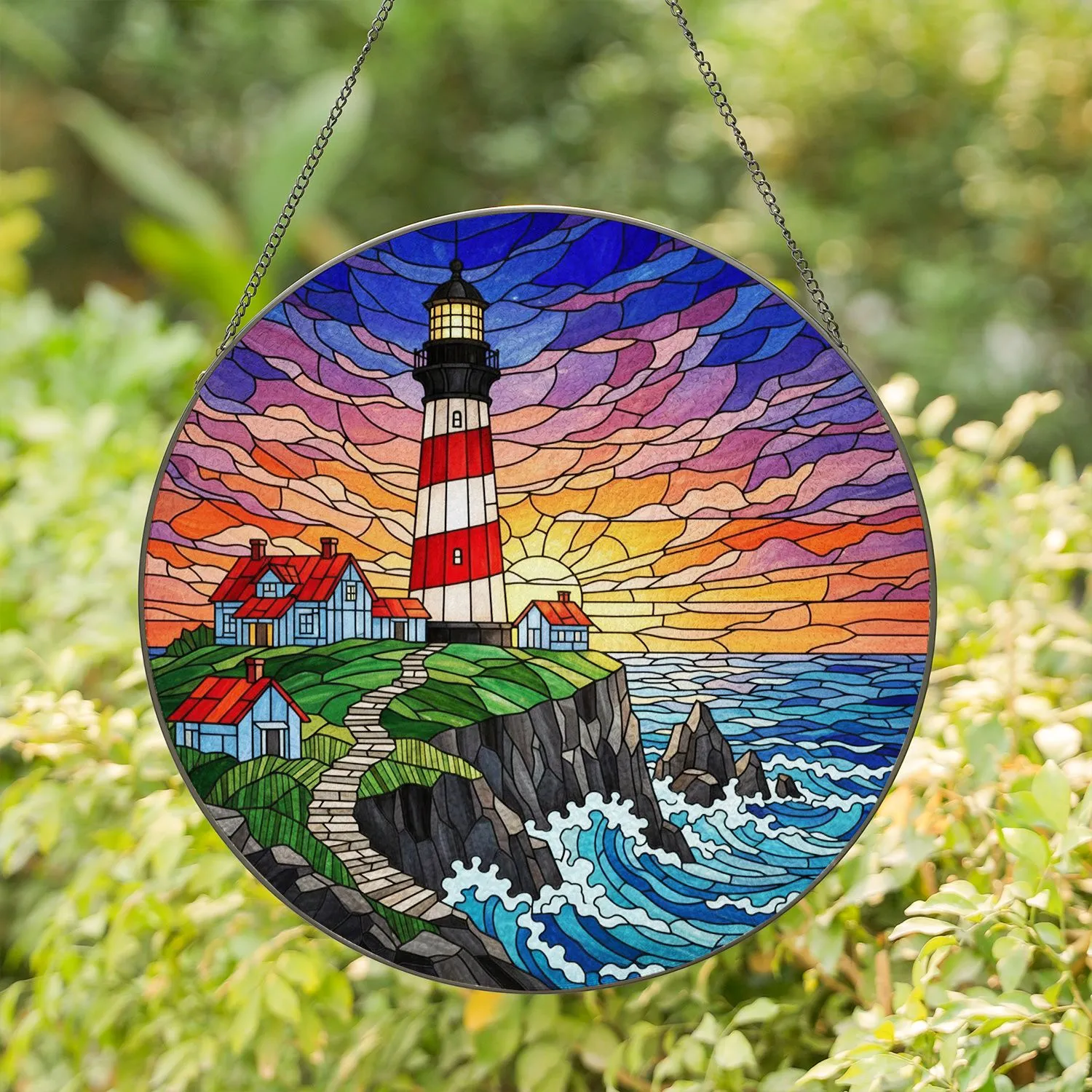 Dramatic Sunset Lighthouse Cliffside Houses Turbulent Ocean - Coastal Home Decor Gift Stained Glass Suncatcher - 1