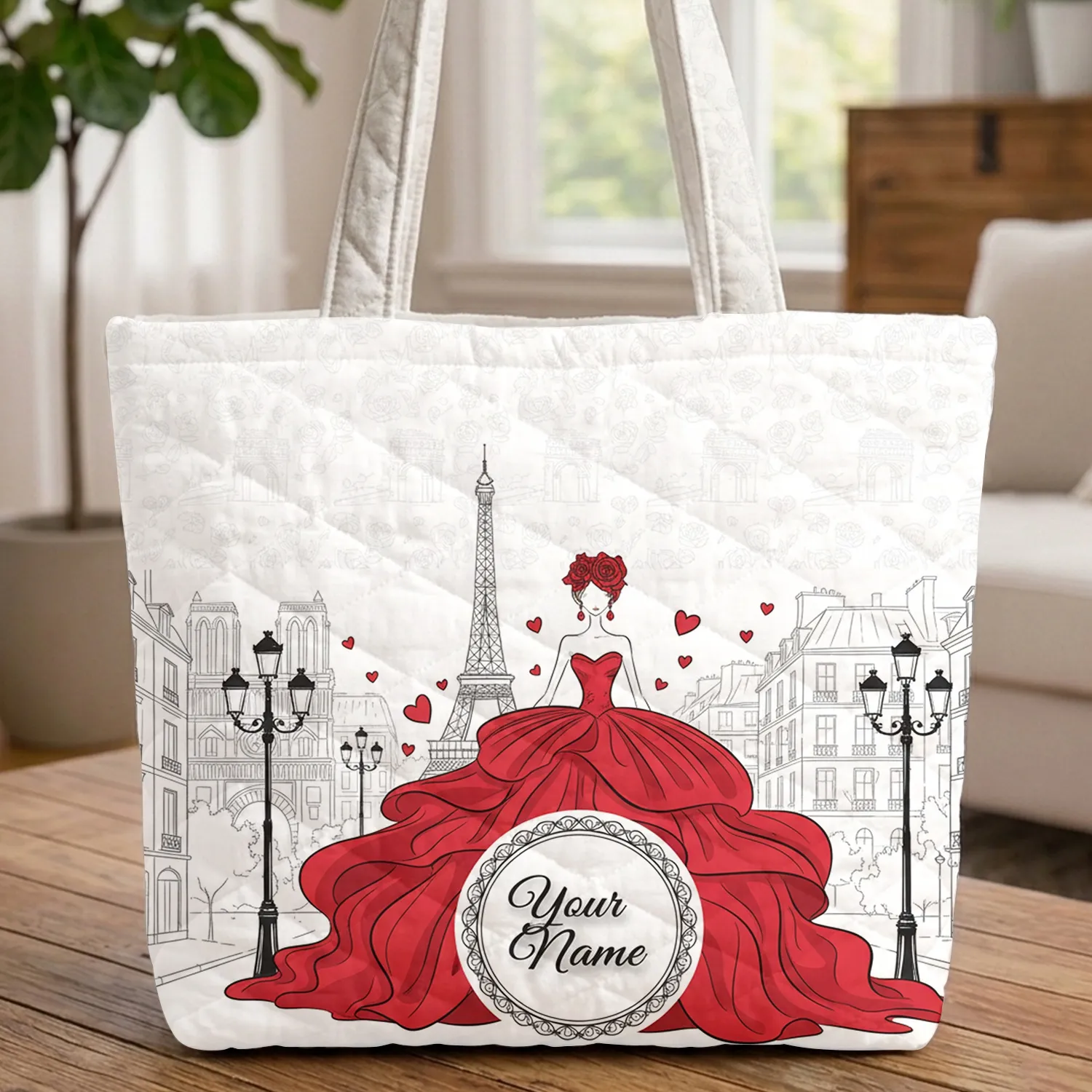 Parisian Fashion Figure Eiffel Tower Hearts - Everyday Carry Gift Quilted Tote Bag - 1