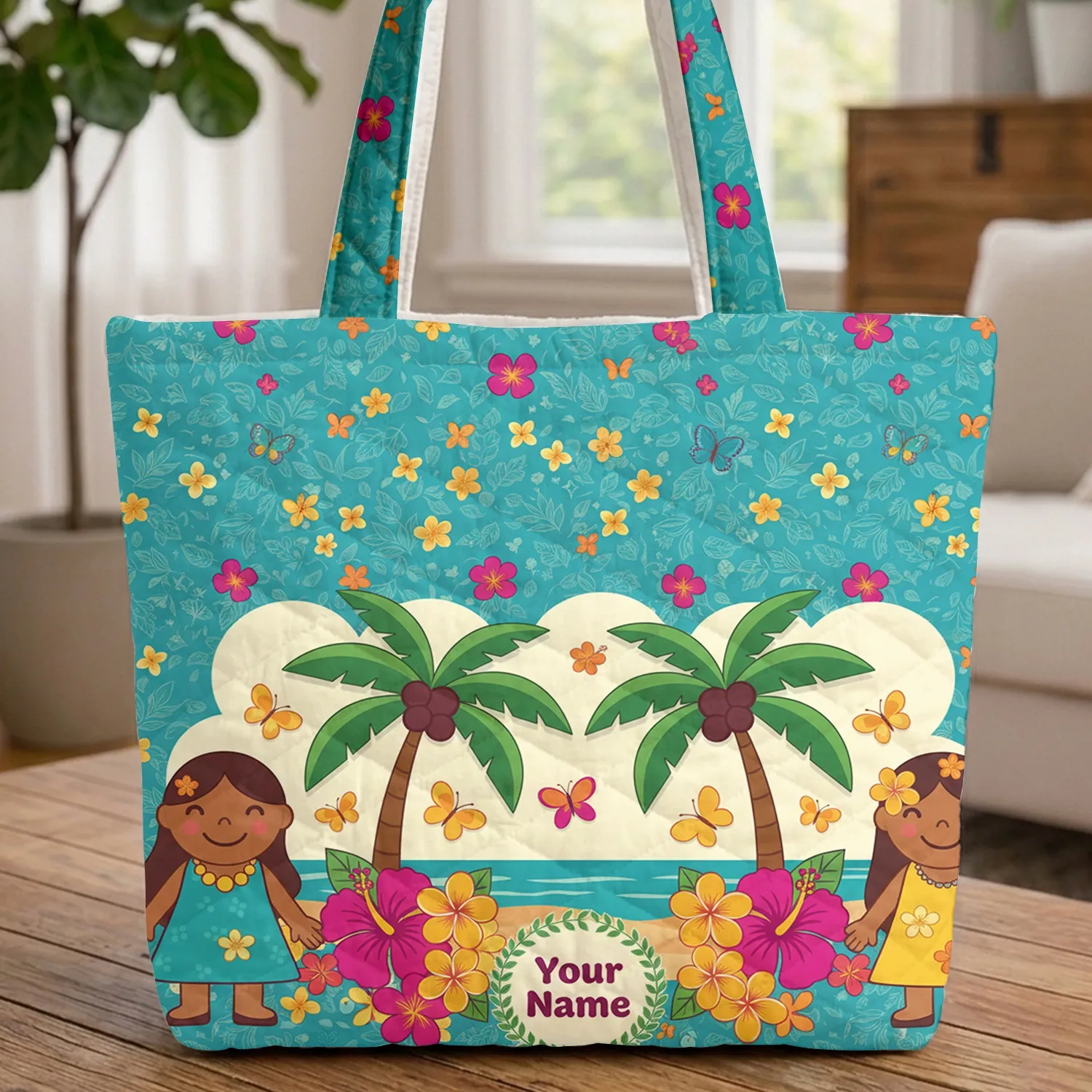 Tropical Beach Palm Trees Hibiscus Floral Wreath Name Travel Essentials for Beach Lover Quilted Tote Bag - 1