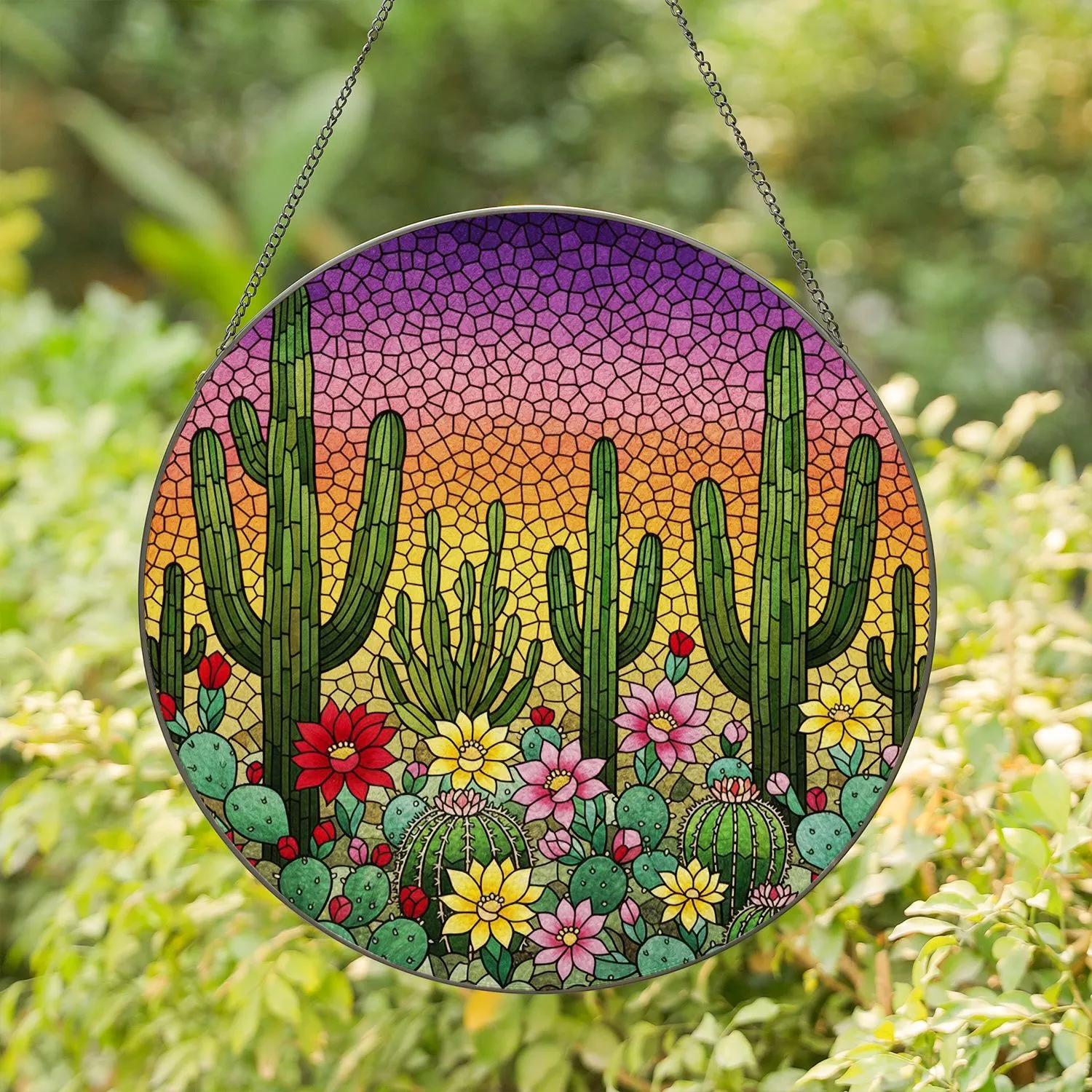 Stained Glass Desert Landscape Blooming Cacti Flowers Mosaic Sky - Home Decor Gift Stained Glass Suncatcher - 1