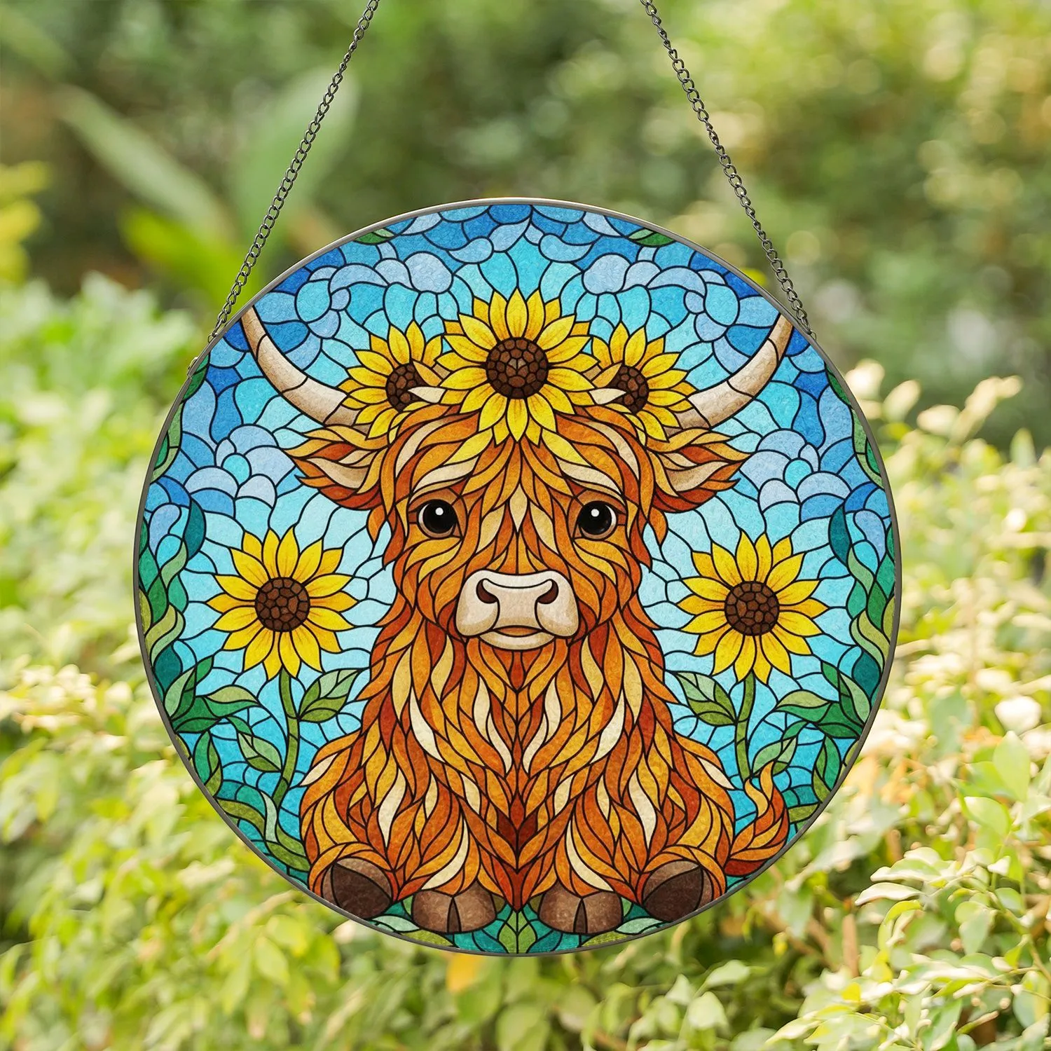 Highland Cow Sunflowers Stained Glass - Farmhouse Home Decor Gift for Cow Lover Stained Glass Suncatcher - 1