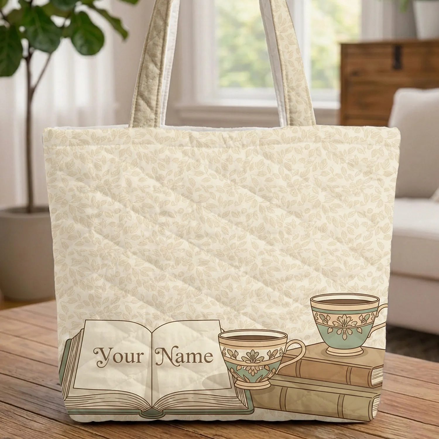 Open Antique Book Ornate Coffee Cups Stacked Books Leaves - Everyday Carry Gift Quilted Tote Bag - 1