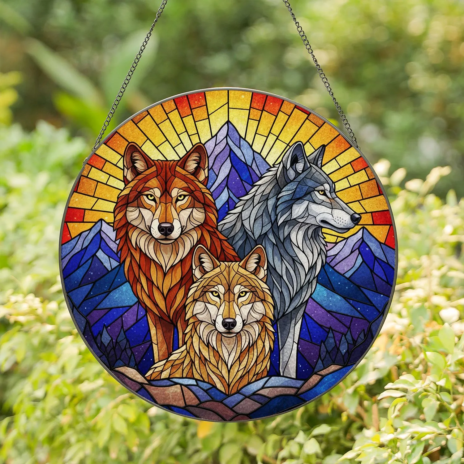 Three Wolves Mountain Peaks Sunset Geometric Night Sky - Wildlife Lover Gift Stained Glass Suncatcher - 1