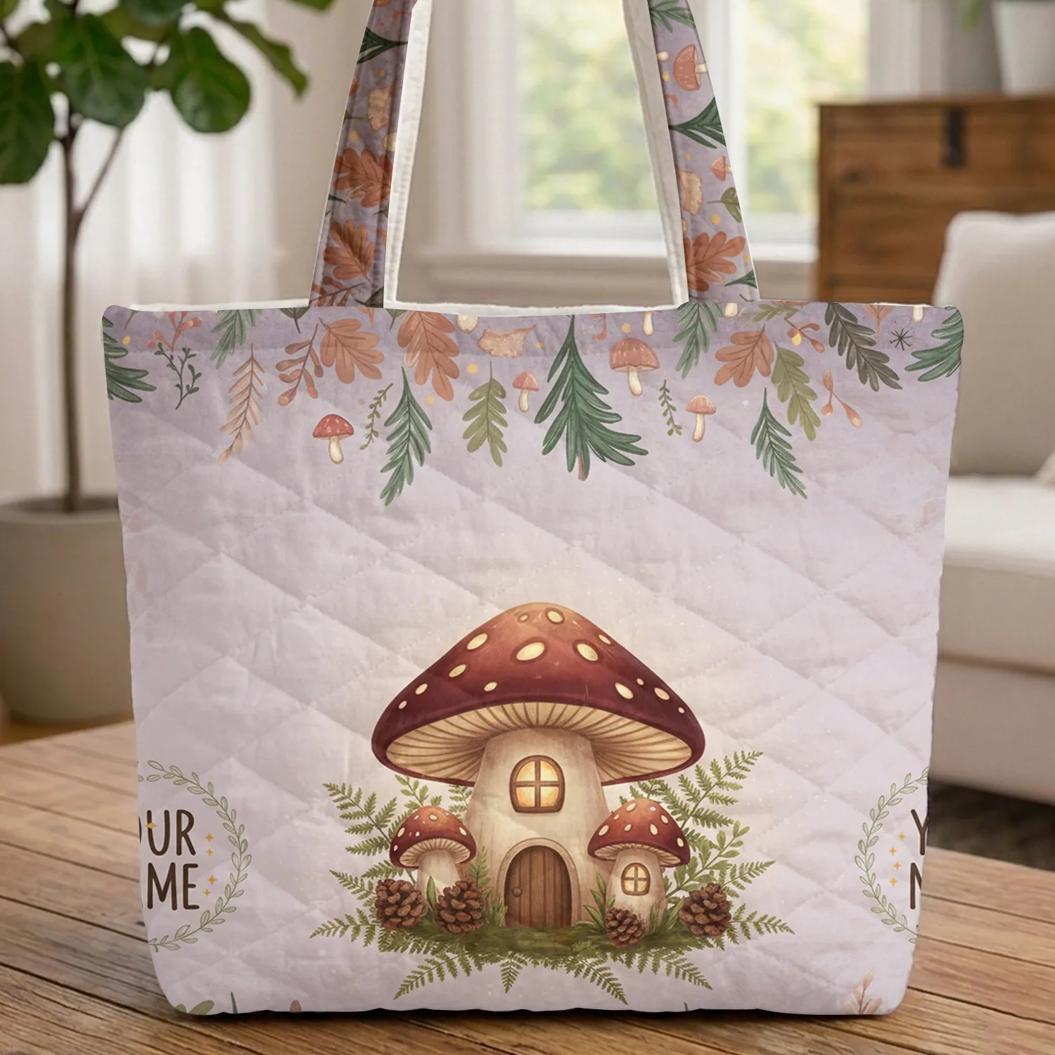 Personalized Storybook Mushroom House Forest Stars Everyday Carry Gift Quilted Tote Bag - 1