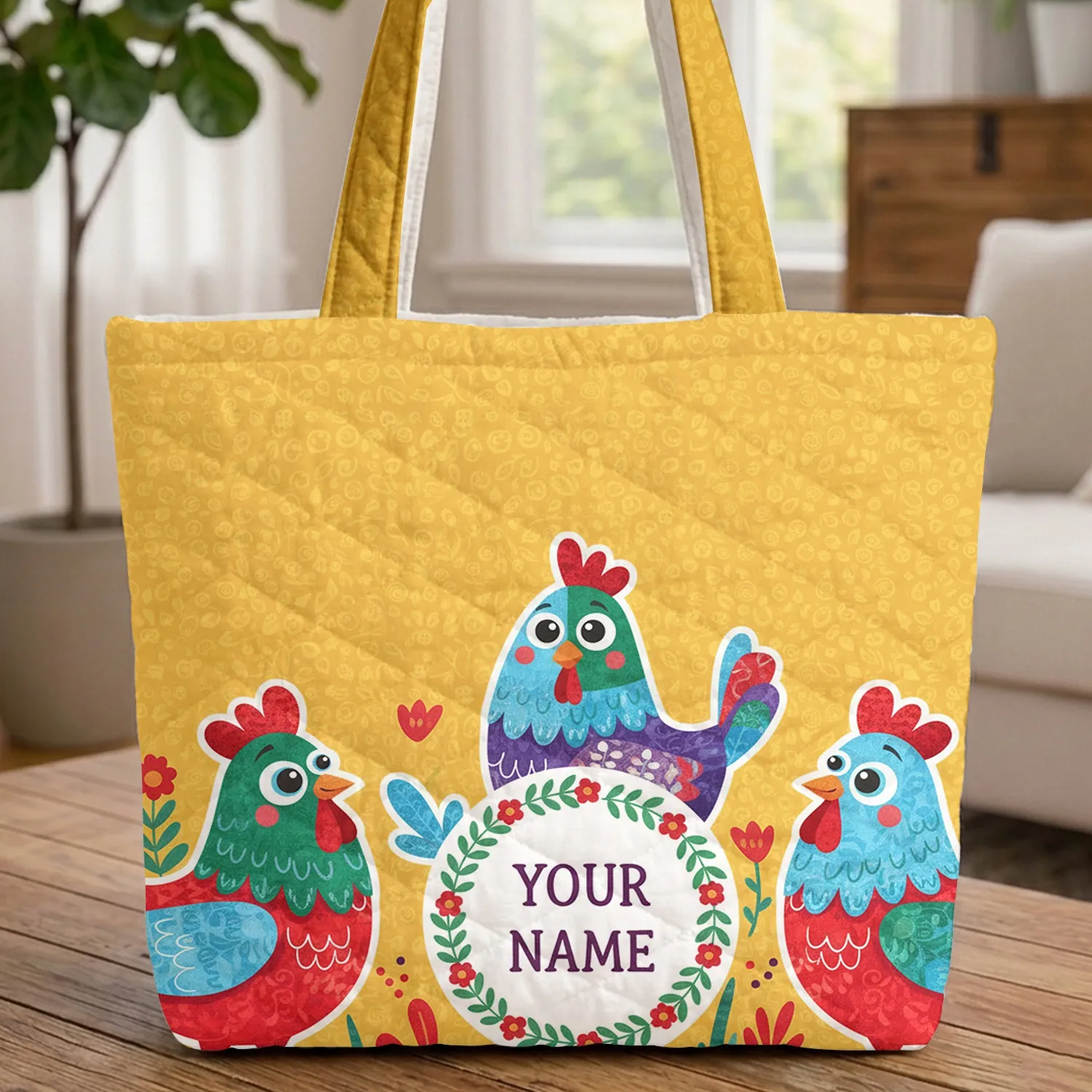 Patchwork Chickens Floral Wreath Name - Everyday Carry Gift for Kids Quilted Tote Bag - 1