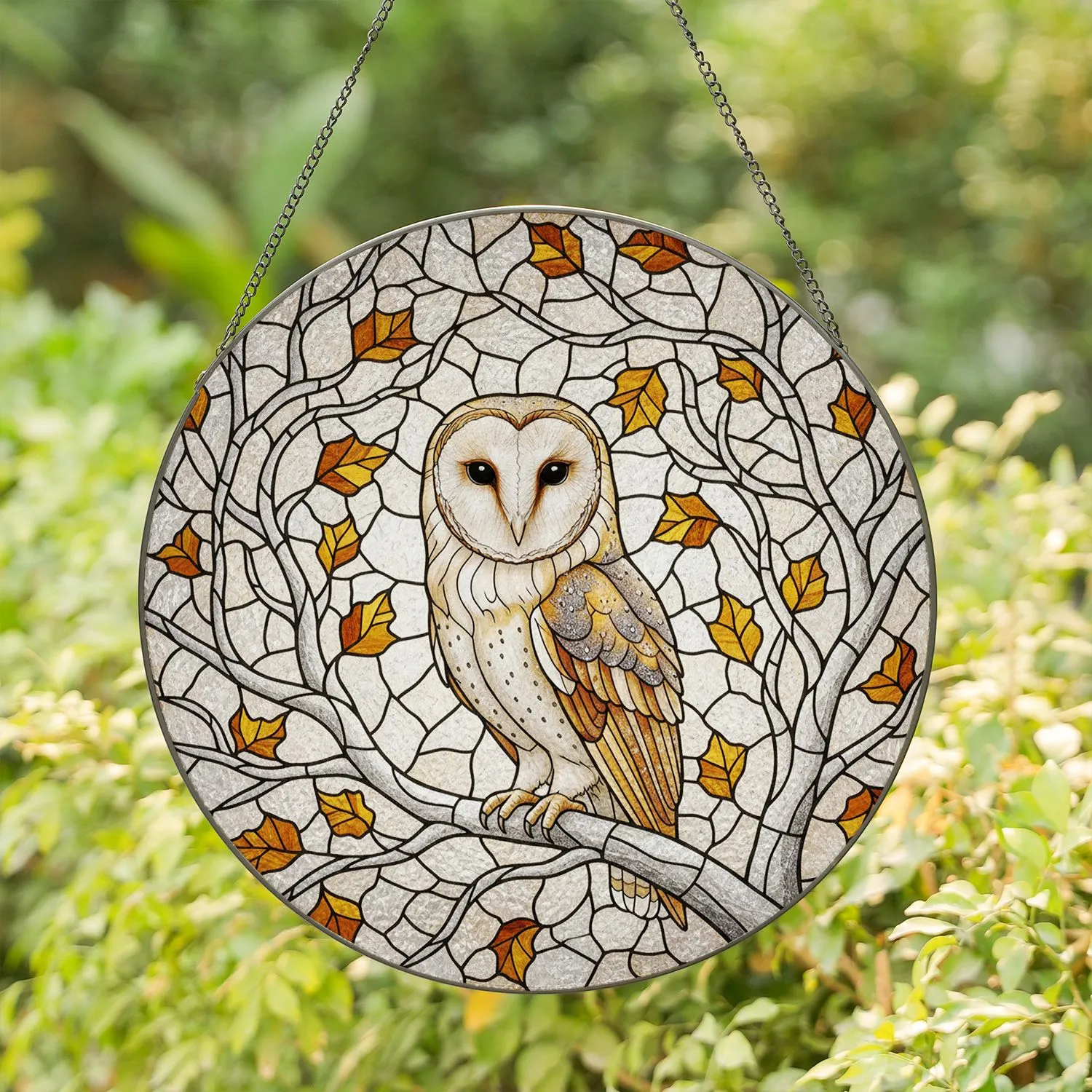 Barn Owl Autumn Leaves Frosted Ice - Wildlife Lover Home Decor Gift Stained Glass Suncatcher - 1