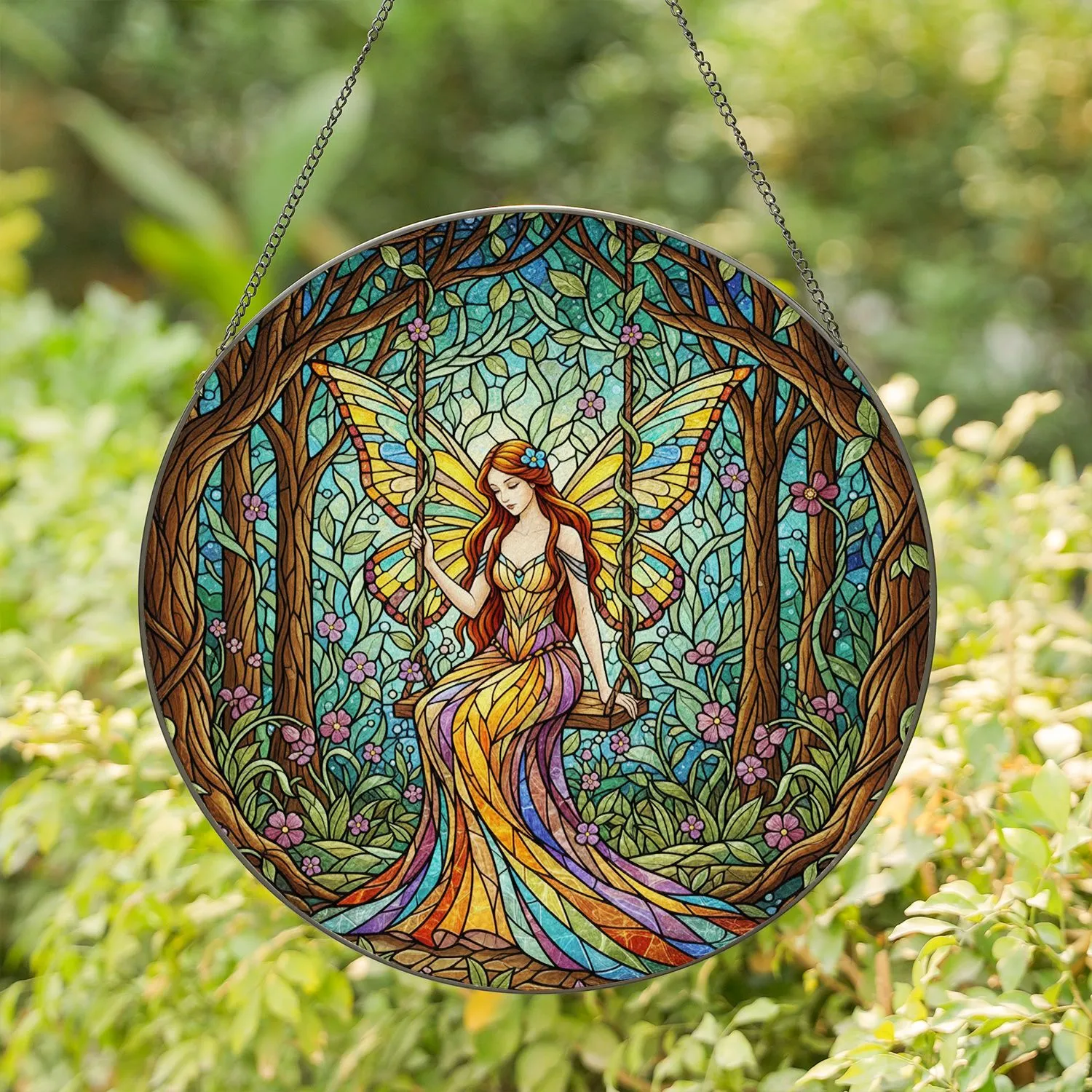 Stained Glass Fairy Vine Swing Enchanted Forest Home Decor Gift for Fairy Lover Stained Glass Suncatcher - 1
