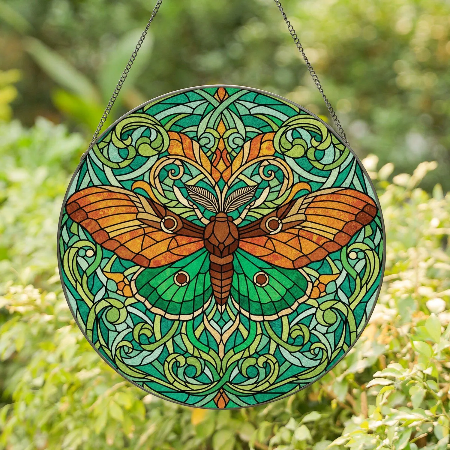Moth Swirling Floral Foliage - Everyday Home Decor Gift for Wildlife Lover Stained Glass Suncatcher - 1